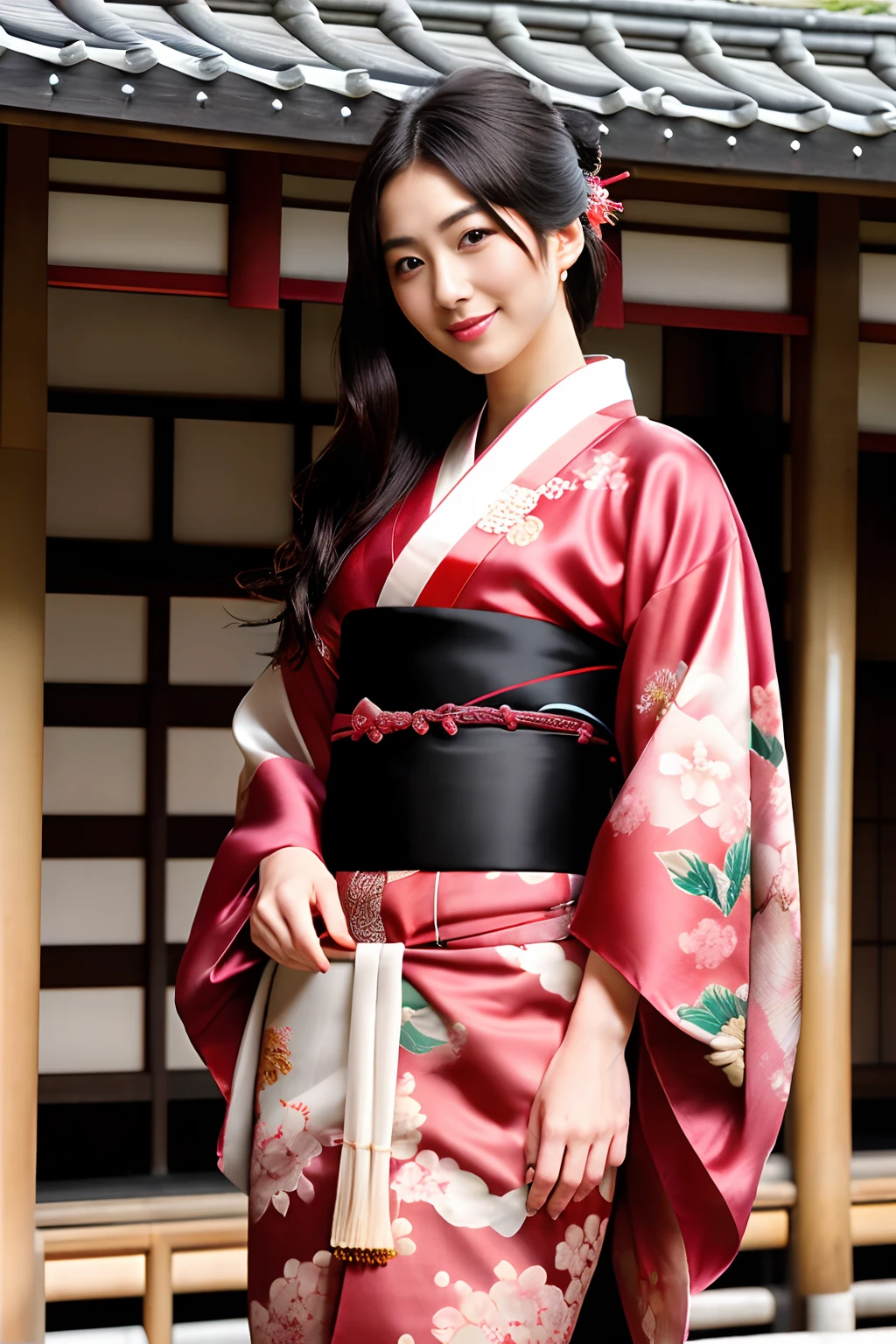 unparalleled masterpiece ever, Ultra realistic 8K CG, Perfect Artwork, 1girl in, Beautuful Women、Beautiful posture、Well-groomed hair、portlate、Polite woman、Happiness、Blissful、kindly smile、rikka、Fulfillment、Realistic texture、Princess, Elegant、hali々and has、Looking at Viewer, ((Perfect female figure)), Black hair, Black eyes, enticing, clean, Beautiful face, Pure face, pale skin, length hair, Skindentation,Clean hair ornament、hairpin、Wearing tabi boots、(Rich:1.5), (Highly detailed 8K Japan kimono and silk long garments and dresses:1.5), (Expensive kimono、vivid colored kimono、Delicate pattern, intricate detailes), The background is a samurai residence in the Edo period、blur backgroun、
