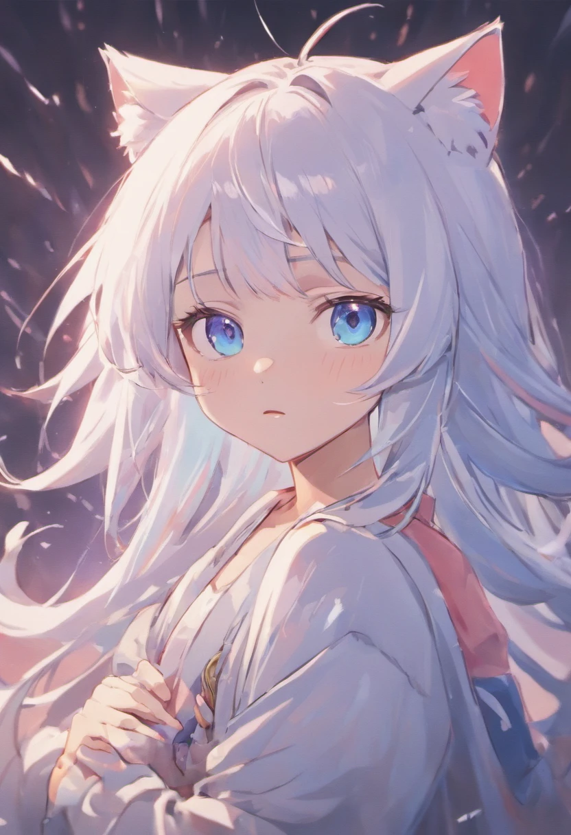 A cartoon cat with blue eyes，White hair，cute-style