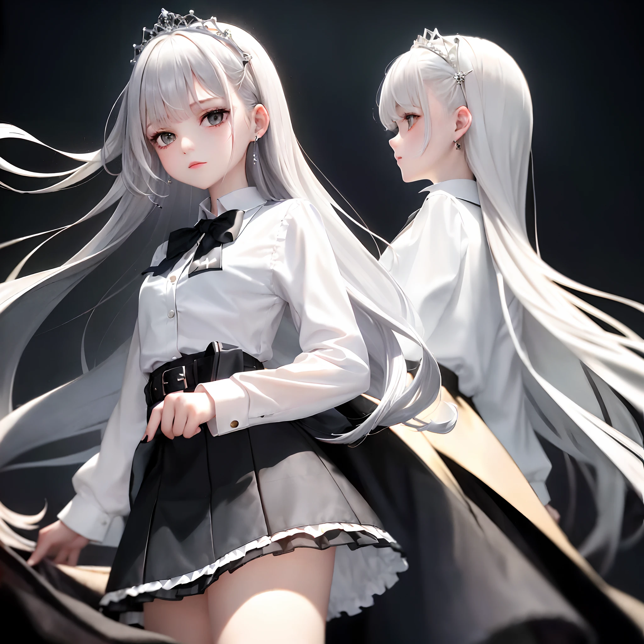 1girll, (Masterpiece:1.1), (Best quality:1.1), (White blouse:1.1), (checkered skirt:1.1), JK suit, high waisted skirt, Cowboy shot, Break Silver Hair, Long hair, Dark eyes, Black tiara, Looks to the side,The background is in school