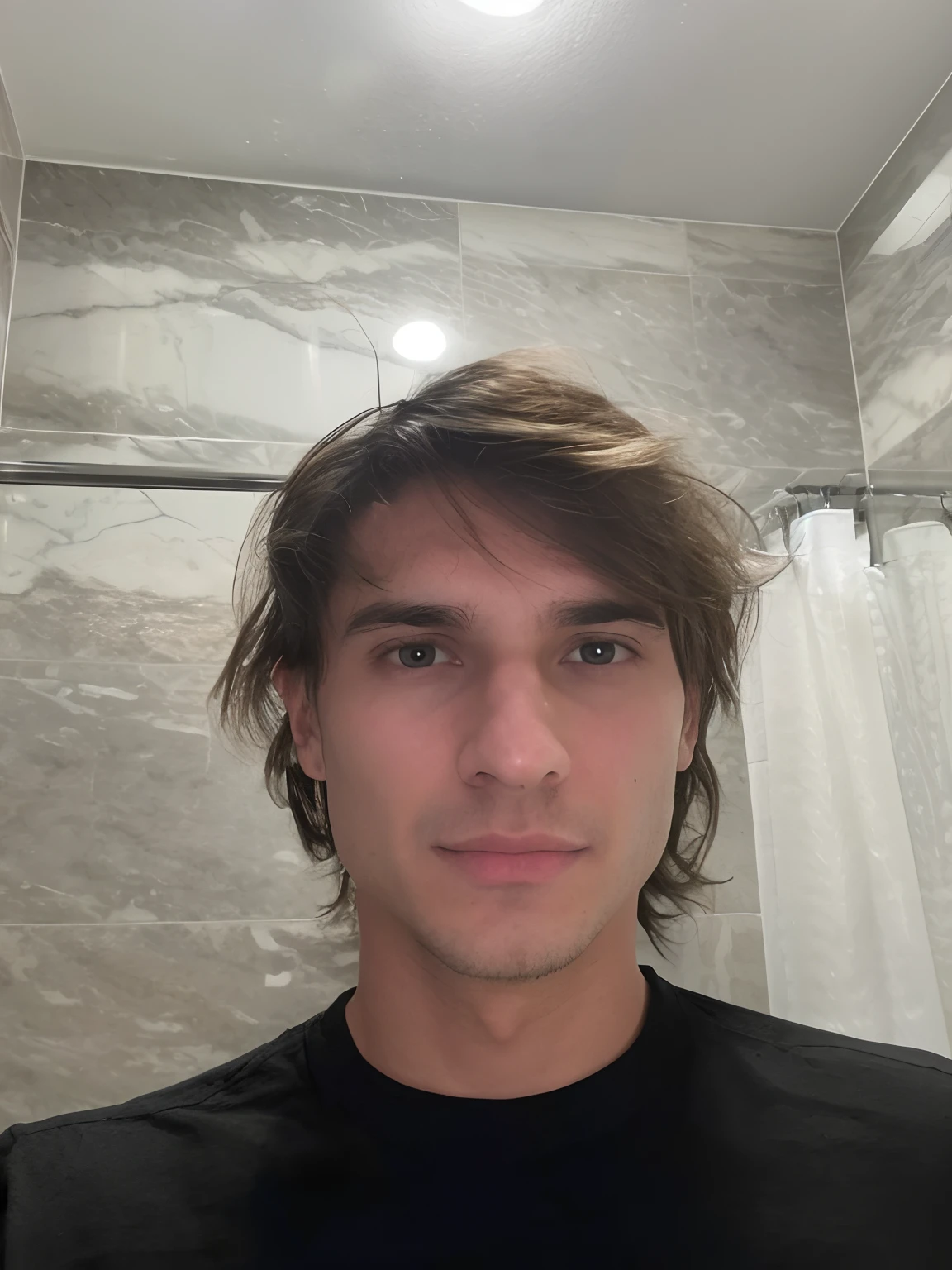 arafed man with long hair in a black shirt in a bathroom, 2 , 2 3 years old old, 2 8 yearsears old, 3 2 yround 1 9 yearsears old, 21 yeken in the early 2020s