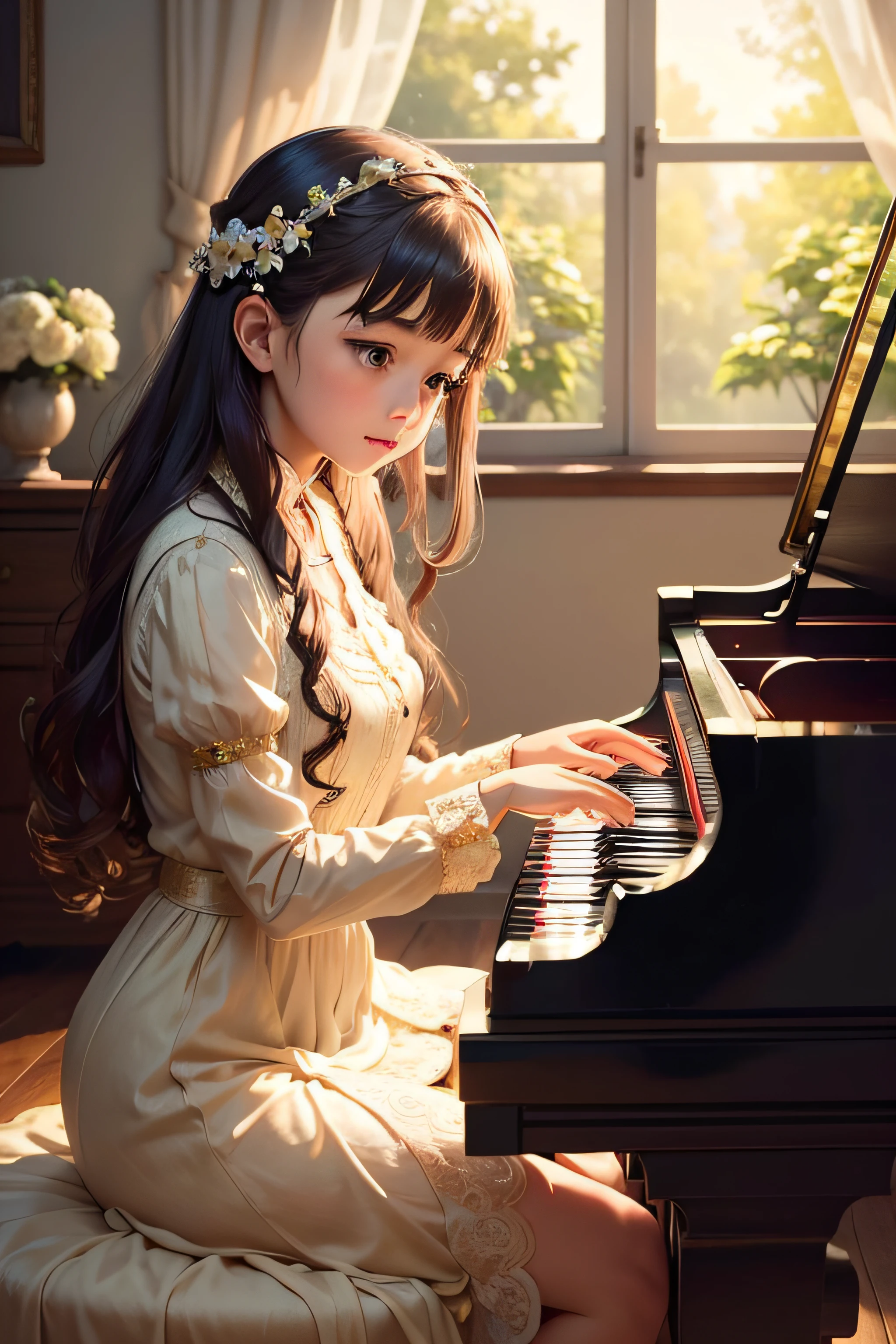 A girl sitting down, playing the piano, in an 8K masterpiece:1.2, ultra-detailed (Kazuko Morena), elegant and graceful posture, beautifully dressed, fingers skillfully dancing on the keys, delicate sound resonating in the room, soft and warm lighting, heavenly music filling the air, soothing and enchanting atmosphere, vintage grand piano with a glossy finish, intricate woodwork and ornate carvings, a bouquet of fresh flowers adorning the piano, flowing curtains framing the scene, a serene garden outside the window, sunlight gently streaming in, showcasing the girl's focused expression, capturing the essence of beauty and music.