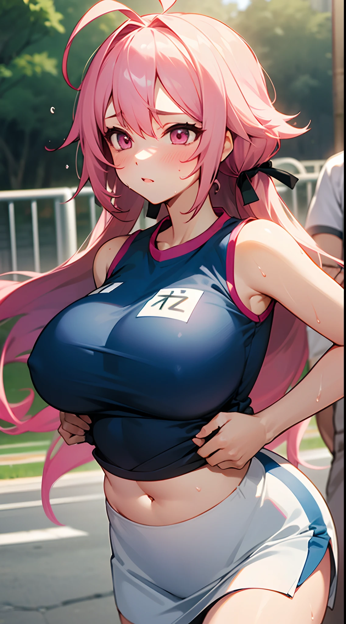 1 girl, game CG, see-through sleeveless blue gym uniform belly, button visible, short white skirt, hair ribbon, gigantic breasts, pink hair, long hair, straight hair, ahoge, pink eyes, outdoor, run, sweat,
