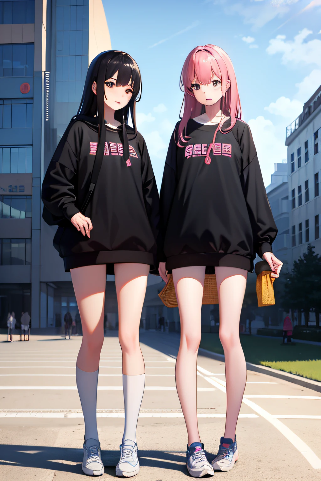 2girls, On campus, Wear everyday clothing，The color should not be too monotonous，Leaks out of the whole body，beautifullegs, Teaching buildings, A bunch of people around,Masterpiece, Best quality, Highly detailed