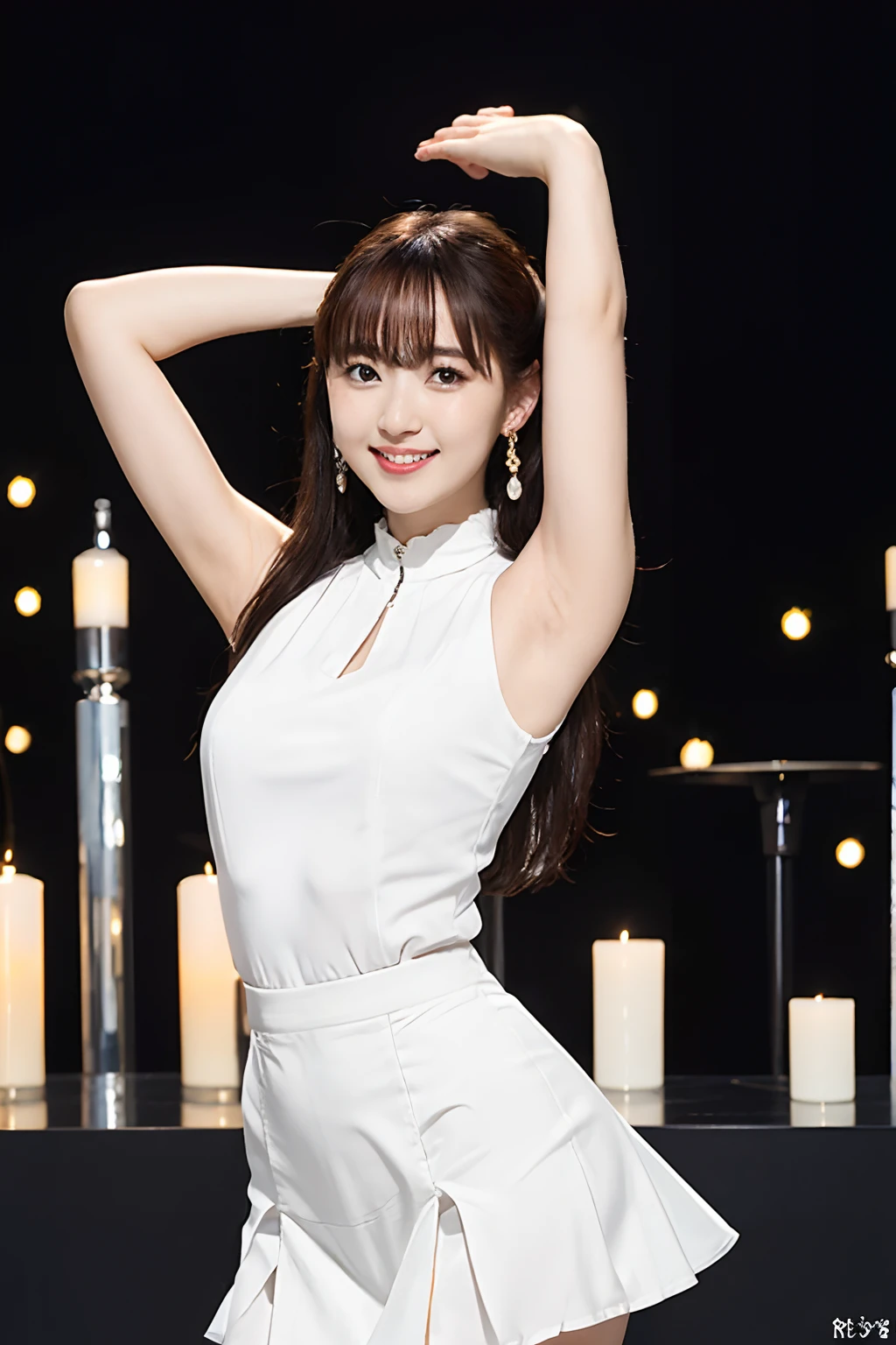 shiny white tight skirt、raise arms、Show armpits、Knee kick、Long body、A slender、Inside the city、adult woman、adult lady、skin-tight