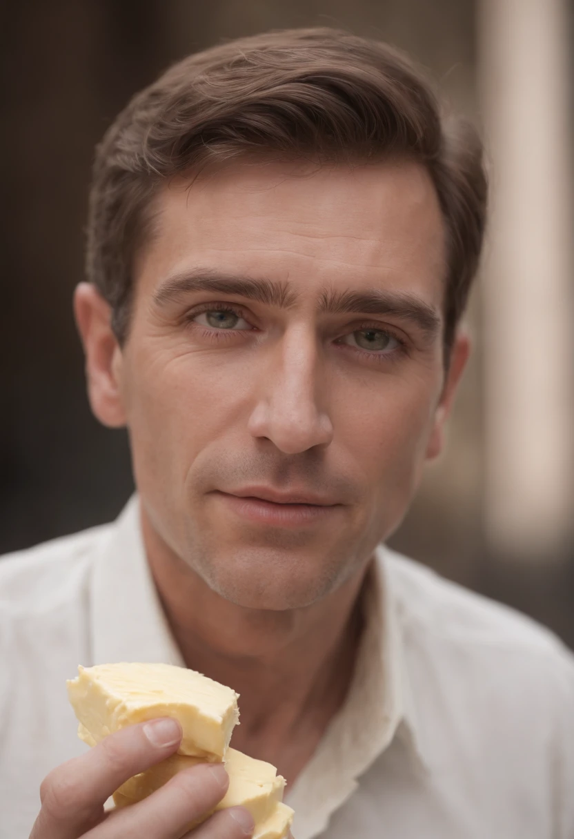 Describe a man with an expression of fear as he comes butter. His eyes are reddened, e ele parece surpreso ou preocupado com algo que acabou de acontecer. Detail your appearance, the butter in your hands and how its occurrence is related to this unusual action.