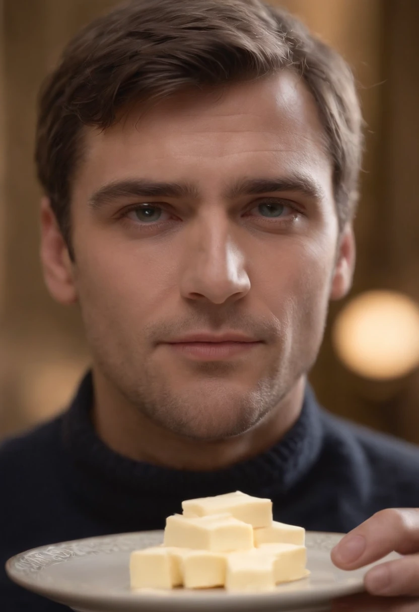 Describe a man with an expression of fear as he comes butter. His eyes are reddened, e ele parece surpreso ou preocupado com algo que acabou de acontecer. Detail your appearance, the butter in your hands and how its occurrence is related to this unusual action.