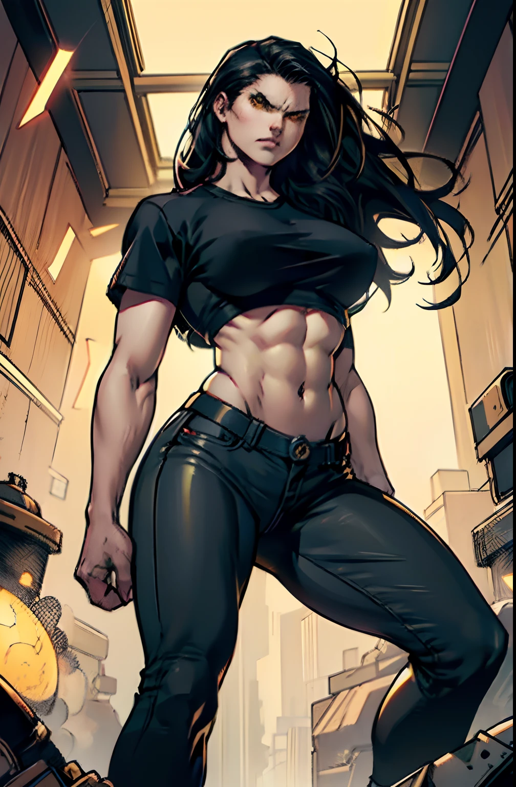 1 girl, black hair, extremely long hair, large breasts, ((muscular)), thick thighs, tight shirt, tight pants, solo, yellow eyes, navel, abs, angry, pale skin