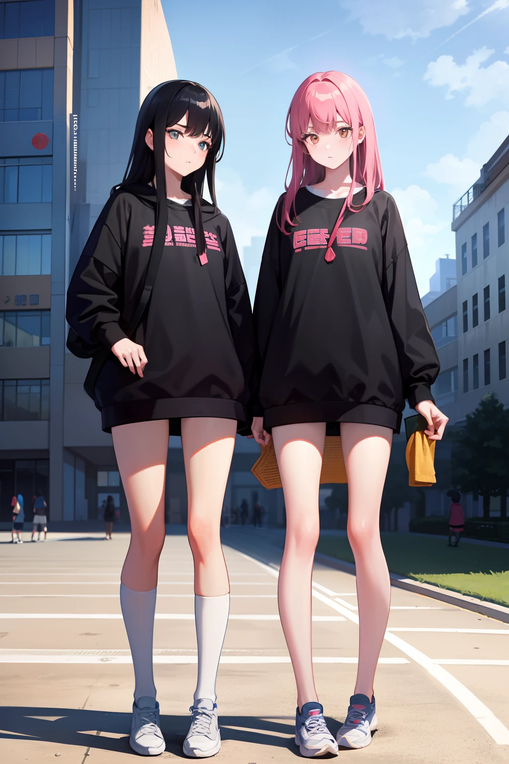 2girls, On campus, Wear everyday clothing,The color should not be too monotonous,Leaks out of the whole body,beautifullegs, Teaching buildings, A bunch of people around,Masterpiece, Best quality, Highly detailed