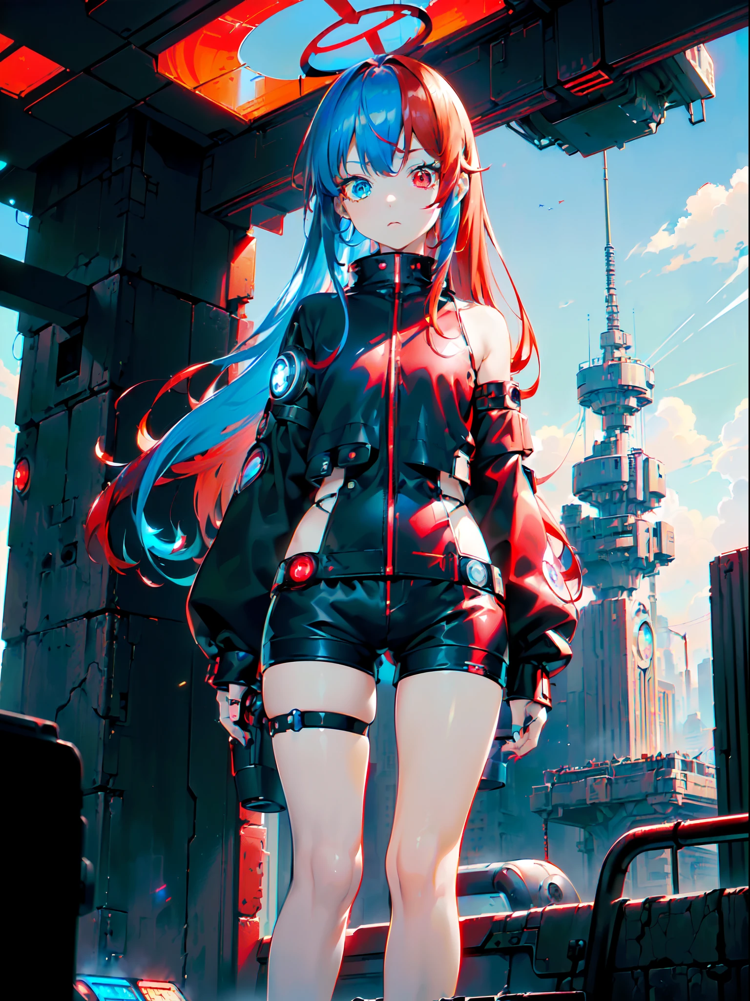 masutepiece, Best Quality, Extremely detailed, 1 girl(Red hair, Blue hair:1.3), (About , cute little:1.2), (Heterochromic, Red Eye, Blue Eye:1.3), (black parker, Black shorts:1.2), (Futuristic city, cyberpunked, Digital Display:1.4), Delicate hands, ((delicate illustration)), ((ultra-detailliert)),