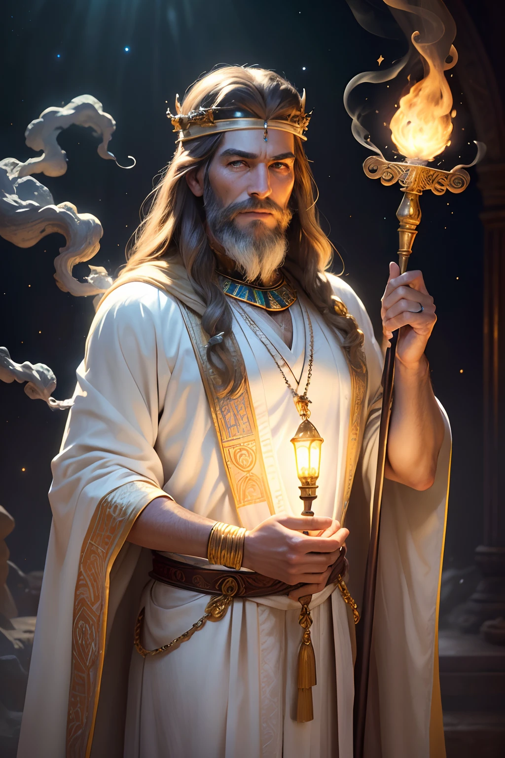 best quality,highres,masterpiece:1.2,ultra-detailed,realistic:1.37,(detailed),(vivid colors),(physically-based rendering),(bokeh)
Egyptian djedi,(detailed),(realistic:1.1),long white beard,(wearing a traditional robe),(holding a staff),(with hieroglyphics engraved on the staff),(extremely detailed face),(golden headdress:1.1),(wrinkles on the face:1.1),(aged appearance:1.1),piercing eyes,(wise expression),(with a serene smile),(standing in a confident pose)
Jesus Christ,(detailed),(realistic:1.1),kind expressive eyes,(facial hair),(long hair),(halo above the head),(gentle expression),(with open arms),(wearing a white robe),(with a feeling of peace),(radiating divine light)
The Cosmos,(detailed),(realistic:1.1),stars shining brightly,(galaxies in the background),(nebulae),(celestial bodies),(vibrant colors),(infinite expanse),(awe-inspiring),(mysterious atmosphere)
The setting,(detailed),(realistic:1.1),an ancient temple,(with intricate carvings on the walls),(dimly lit by torches),(hint of incense in the air),(wisps of smoke),(mystical atmosphere)
Overall lighting,(studio lighting),(soft and warm),(illuminating the characters),(creating depth and dimension)
Color palette,(golden hues),(warm tones),(with hints of blue),(creating a mystical atmosphere)
NOTE: The above prompt is an example and you can further customize it as per your requirements. Remember to use the "," separator between tags, avoid explanations or additional text, and limit the number of tags and words within the given constraints.