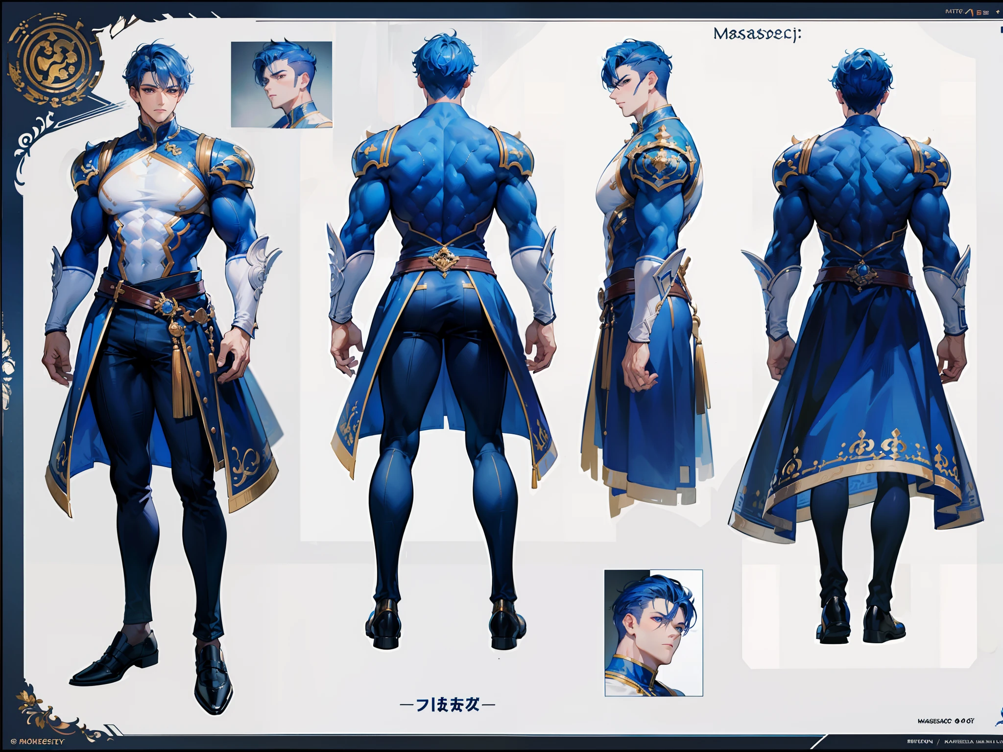 ((Masterpiece, Highest quality)), Detailed face, character design sheet， full bodyesbian, Full of details, frontal body view, back body view, Highly detailed, Depth, Many parts, Muscle boy with blue hair，handsome man, muscle body, white outfit male gods, man tall
