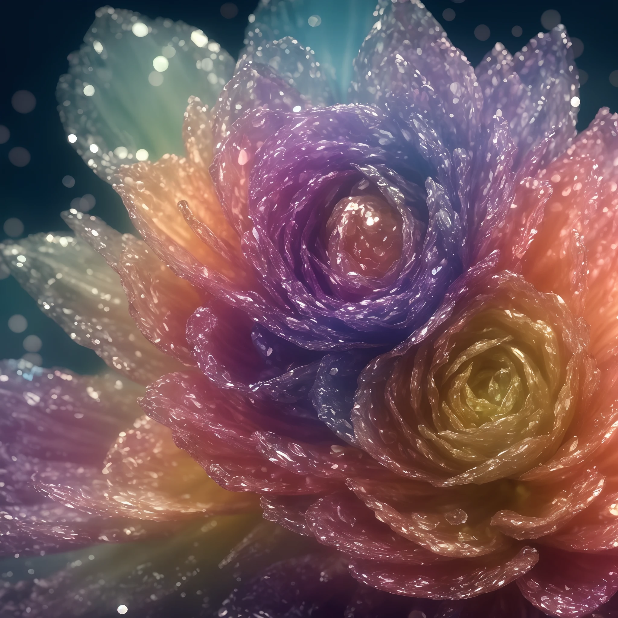 Flower, shiny, rain, sparkles, 10k hd, love,  light, hyper realistic, colorful, ethereal, other worldly, unique, glowing flower, sparkling, hyper 3d, sparkling flower, crystal, planet, flower mutated, gorgeous