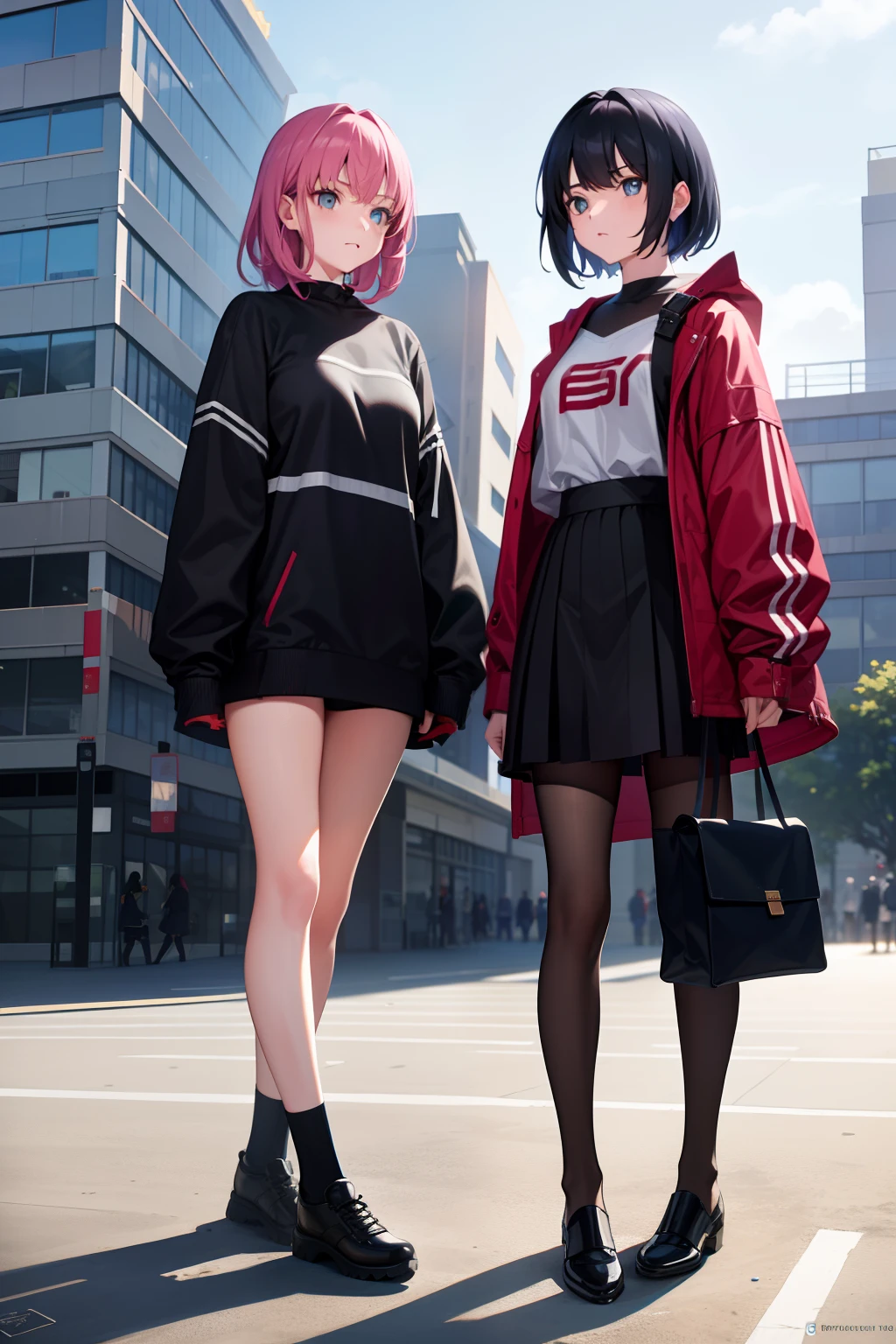 2girls, On campus, Wear everyday clothing,The color should not be too monotonous,Leaks out of the whole body, Teaching buildings, crowd,Masterpiece, Best quality, Highly detailed,