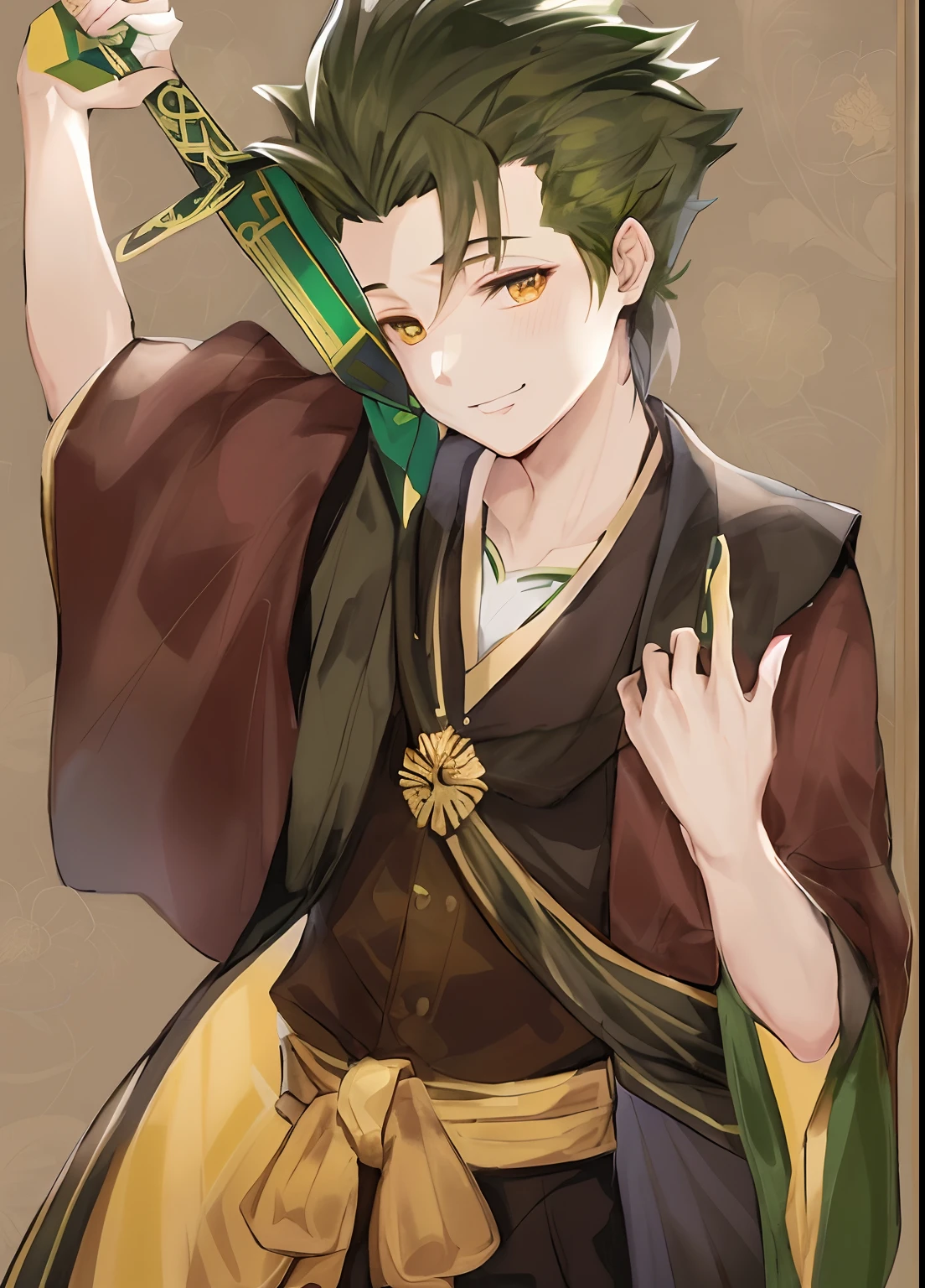 (simetry:1.1) (Retrato de floral:1.05) Un hombre como un dios guapo, pelo corto, Brown and gold and green color scheme, bold intricate filegrid facepaint, intrincado, elegante, Altamente detallado, Pintura digital, Artstation, Arte conceptual, Suave, foco nítido, illustration, 8k, Estilo-Imperio