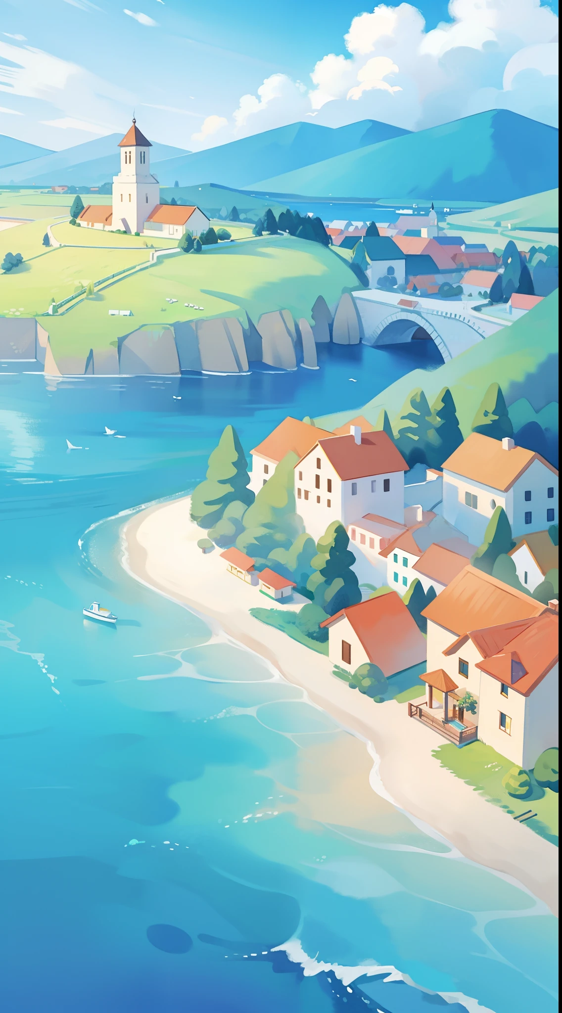 ocean fantasy, watercolor illustration, whimsical, warm colors, seaside village, houses, ((masterpiece)), highly detailed environment