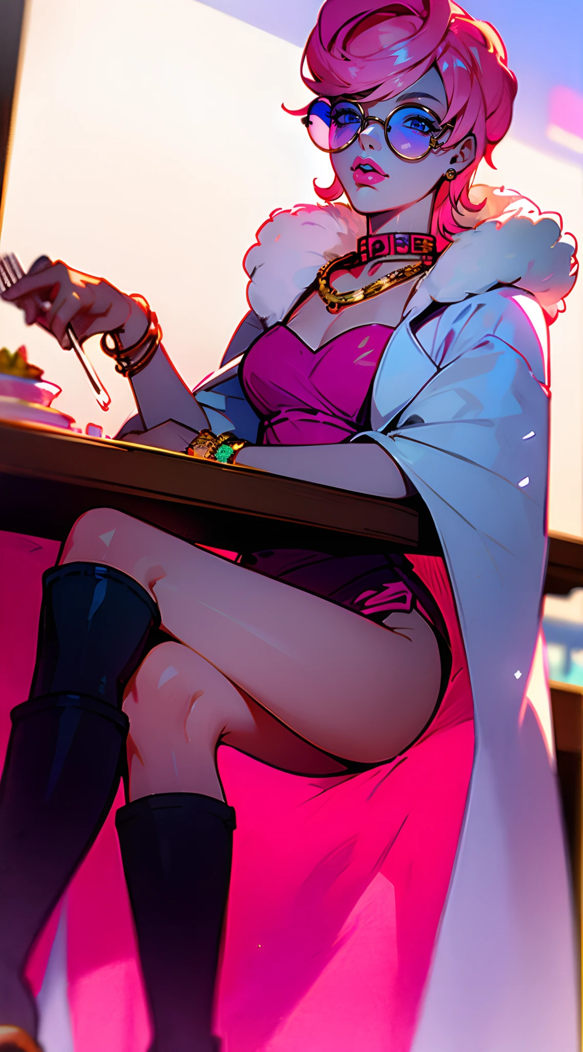 trishuna, trishjojo, trish una, solo, female focus, 1girl, girl, pink dress, white fur coat, black boots, pink sunglasses, jewelry, bracelet, necklace, fancy restaurant, fancy, sitting at table, dinner, food