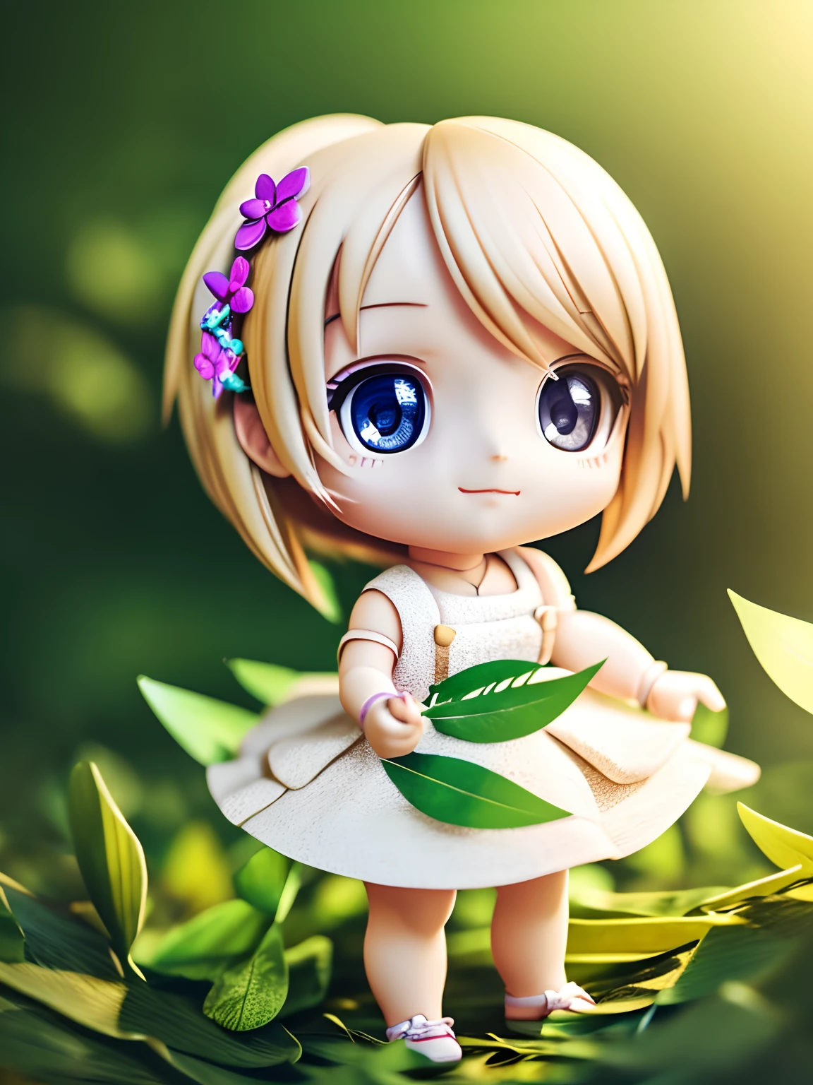 Cute Baby Chibi Anime、(((chibi3d))) (best quality), (masterpiece)In the midst of the Save Nature Rally、Candid shot of cute blonde activist wearing dress made of leaves、portrait of a full body、natural soft light、wide angles、hard lights、fluttering leaf、Detailed, textured skin、The determined look on her face、flower in her hair、photos realistic、All in RAW format shot on iPhone、 Perfect for Instagram photography。