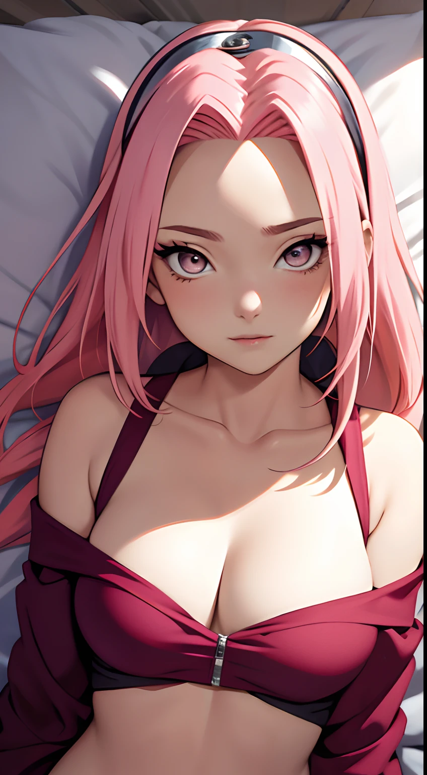 tmasterpiece， Best quality at best， 1girll，Solo， Sakura Haruno， Large breasts，Off-the-shoulder attire，（cleavage)，（upperbody closeup)，Raised sexy，is shy，with pink hair， long whitr hair， （greene eyes:1.3)， Forehead protection， Lying on a white bed，barechested