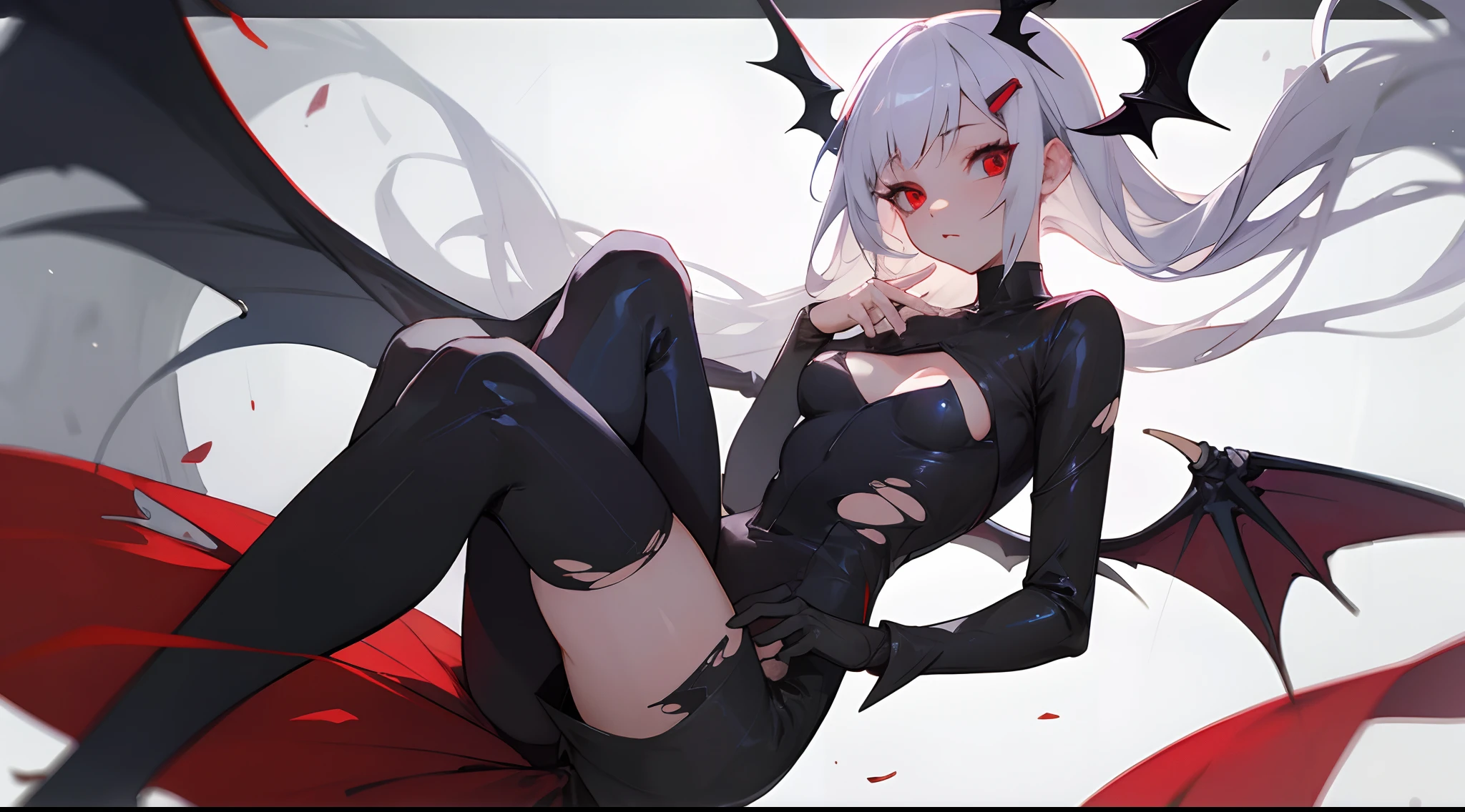 1 girl, Two long tails, white colored hair, red-eyes, l vampire, Cyber Clothing, tight clothes with cutouts, little chest, Large thighs, torn tights on the legs, Boots with bat wings, Very nice girl, A bunch of details on the clothes, hairpins on the hair, pale skin, bat wings in the form of hairpins on the hair, anime character design