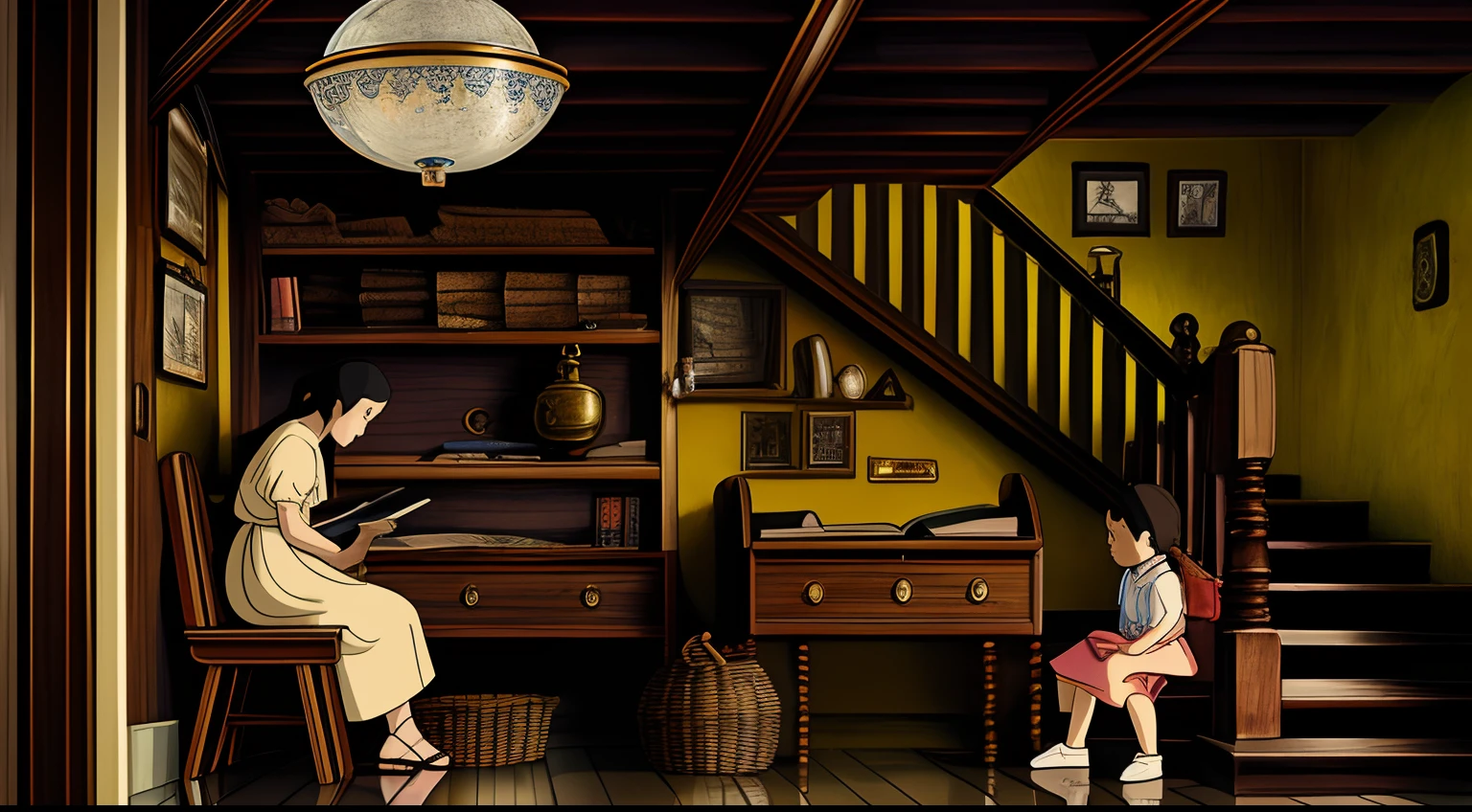 Create a Studio Ghibli-style illustration depicting an open scene in a very old, dark room, iluminado por um brilho, lareira e velas amarelo-avermelhadas. A staircase leads to the bedroom doors on the upper level. Na parede, An antique cuckoo clock locks. Em uma poltrona velha, Uma mulher loira com o cabelo amarrado em um rabo de cavalo usa um vestido de renda branco e salto alto. She's reading a magazine.perto da lareira, on the dark and reflective wooden floor, A 10-year-old boy dressed in school clothes and wearing glasses is sitting and playing with a wooden toy cart. The illustration should be highly detailed and evoke a somber atmosphere. Render it in 8K resolution for maximum detail.
