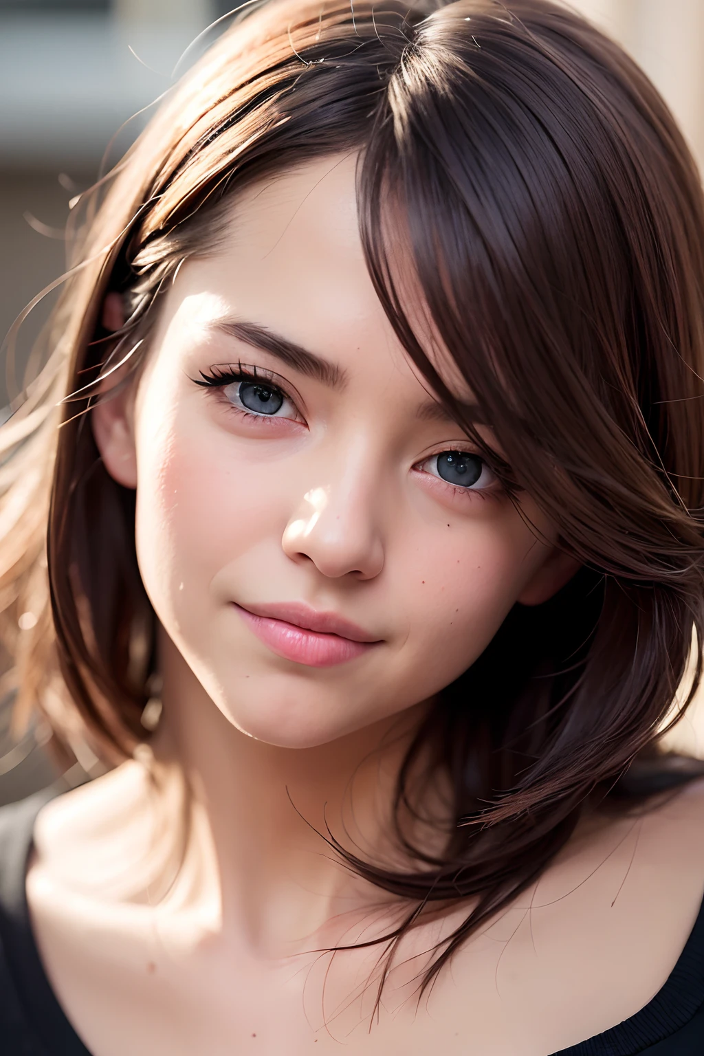(realistic, photo-realistic:1.37),(8k, RAW photo, best quality, masterpiece:1.2), cute, ultra-detailed,heart-shaped pupils,physically-based rendering, ultra high res, kodakvision color, shot on Arricam LT Camera, bokeh, sharp focus,
looking at viewer,photorealistic,realistic, solo, photorealistic, best quality,extremely detailed face,extremely detailed eyes and face, beautiful detailed eyes,absurdres, incredibly absurdres,haunting smile,Messy hair, floating hair, ,
