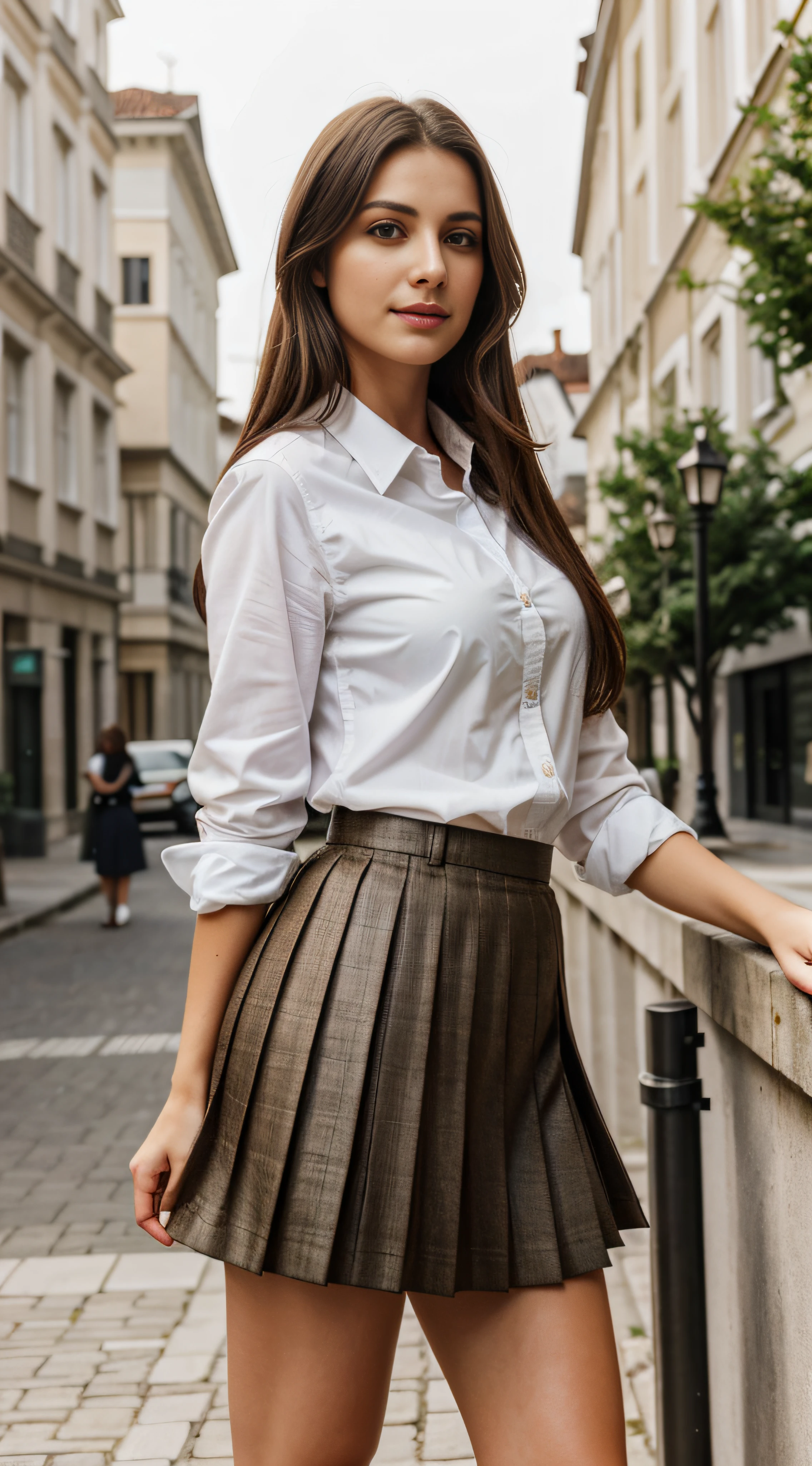 la photographie, Blonde Woman, 30 ans ,size 1,75m, long hair, in black skirt and blouse, sunny day, ssmile, texture de peau réaliste, pores de la peau detailede , tanned skin, texture de peau du corp réaliste et detailed , Natural light, well lighted, best quality, high resolution, detailed