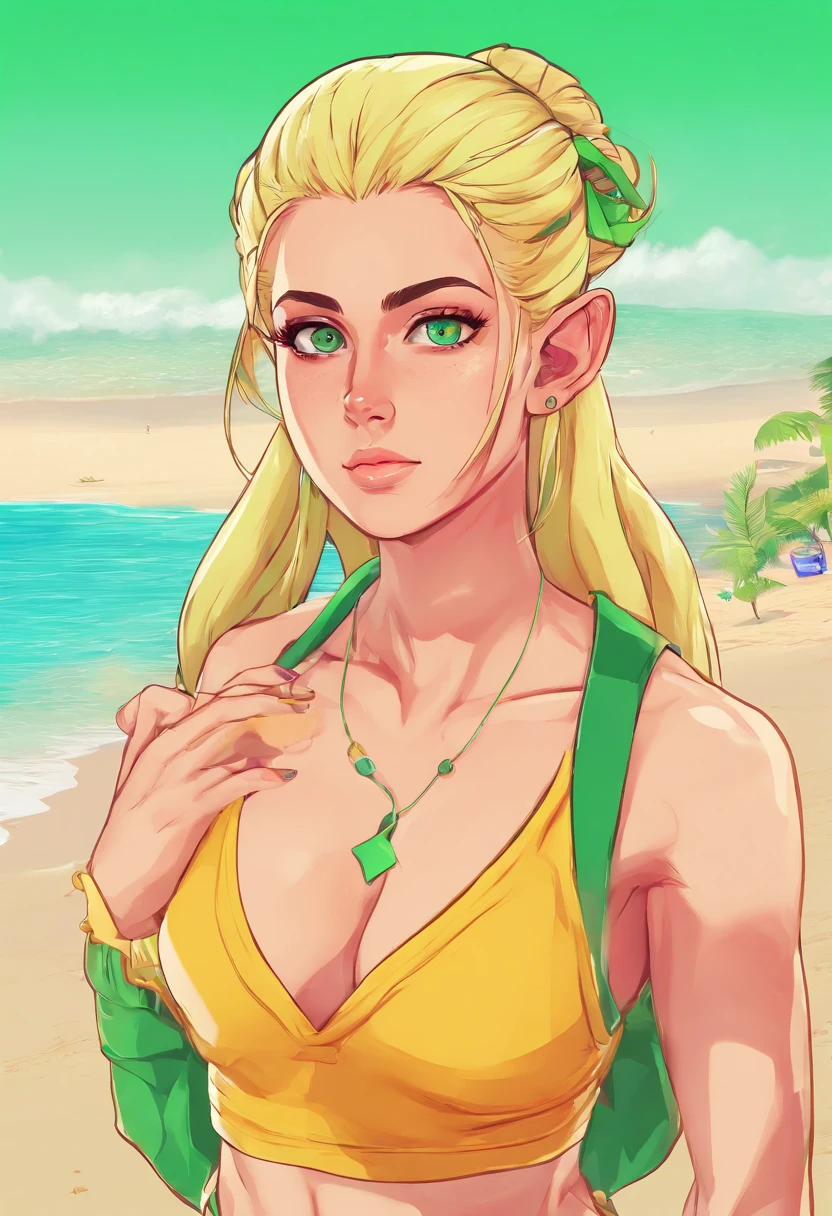Generate Artwork , Glassmorphism, 1girl,solo,Blonde, ponytail hair, {elf}, girl, {green eyes}, leafa, beach