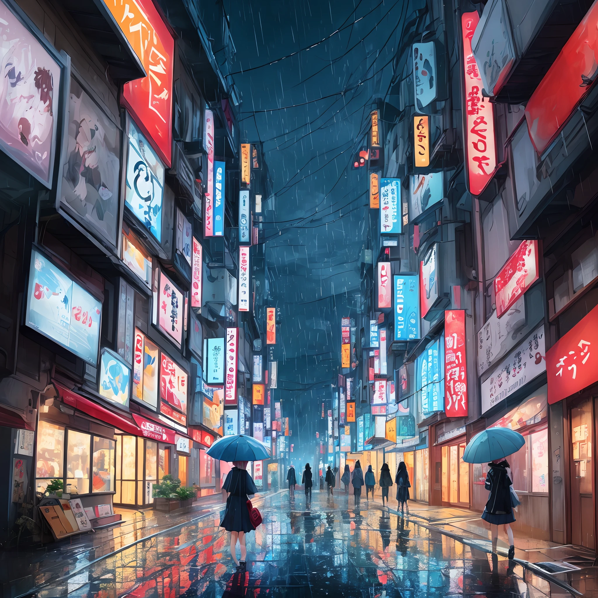 Urban Japan、traffic jam、Bob's Girl、rain falling、A girl with a broken heart wanders、Anime girl standing on wet street in rain, splash art anime , anime vibes, Anime scenery, anime girl walking on water, Anime landscapes, Anime Painting, art of Wlop, Street background, clean detailed anime art, anime vfx, Anime. Soft lighting, anime scenery concept art, clean anime art, roof backgrond, City Background