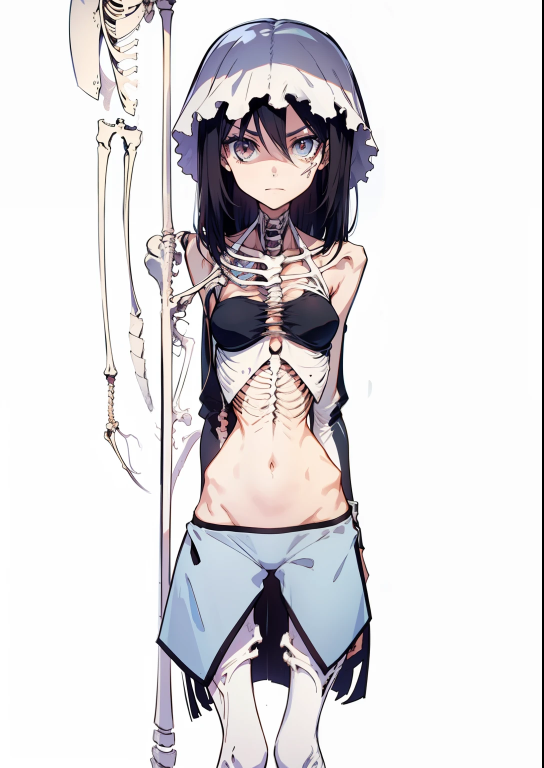 Skinny female,emaciated,the ribs,innominate bone,pelvic bone,sternum,flatchest,big breasts thin waist,Thin leg,tightsuit,shorter pants