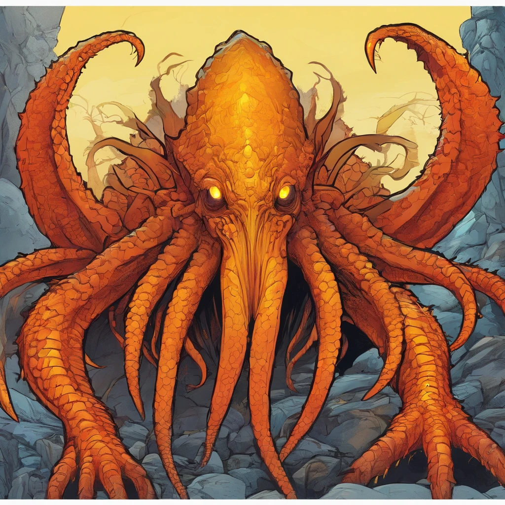 Mind Flayer, yellow and dark yellow scales, glowing red eyes, bright orange tentacles, covered in bright orange porcupine-like quills, masterpiece, best quality