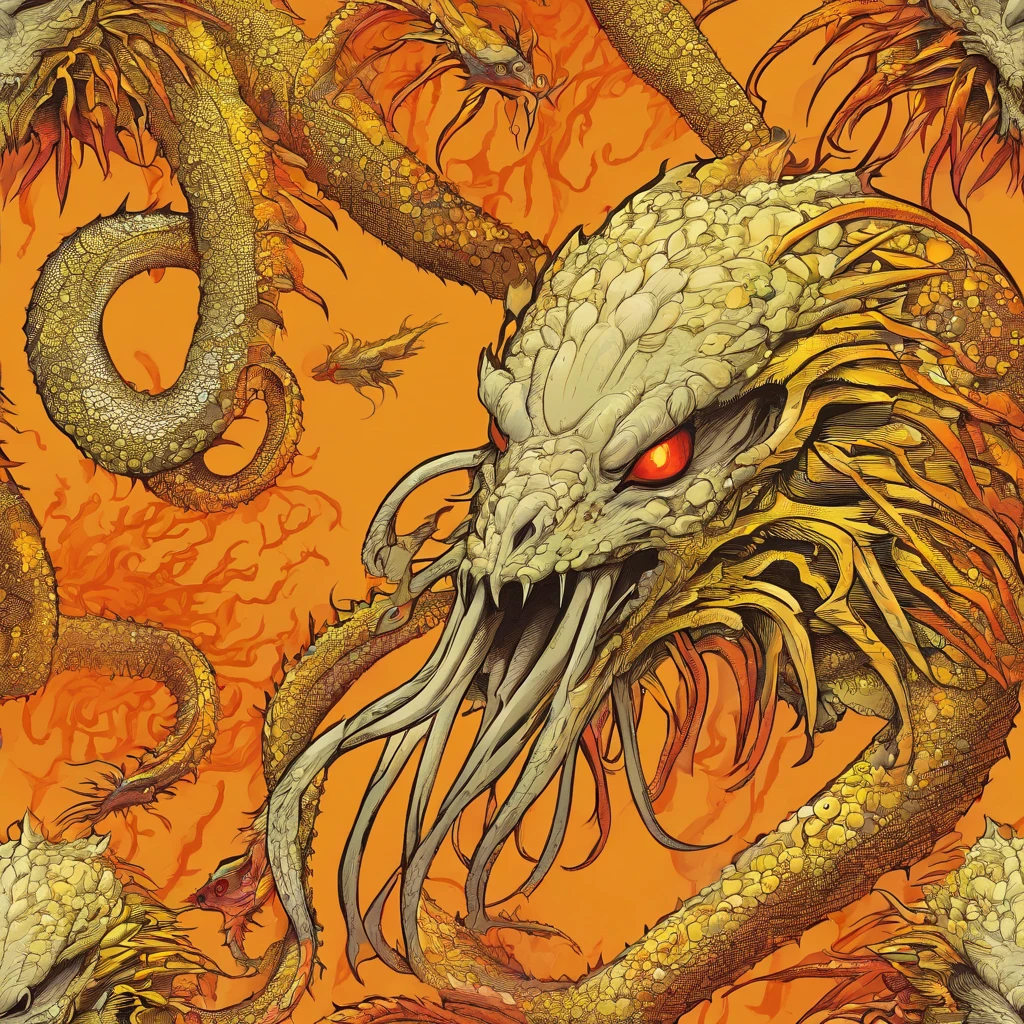 Mind Flayer, yellow and dark yellow scales, glowing red eyes, bright orange tentacles, covered in bright orange porcupine-like quills, masterpiece, best quality