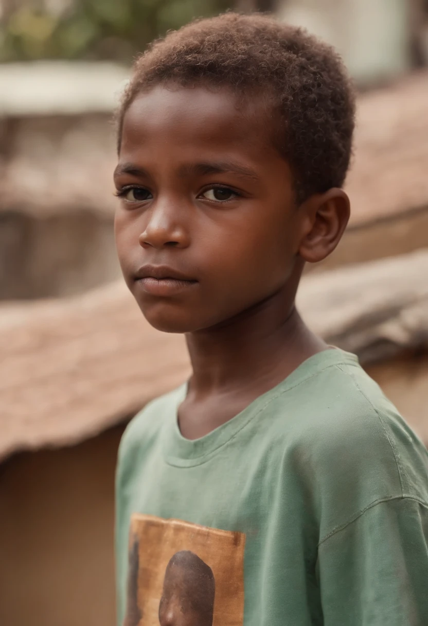 "Descreva um ultrarrealista, High definition scene captured with Sony's best camera, showing a black boy looking at the favela with an expression that reveals a mixture of curiosity, Hope and contemplation. Capture cada detalhe da cena, From the textures of the buildings and the landscape to the subtle emotions on the boy's face, Creating an image that tells a vivid and exciting story."