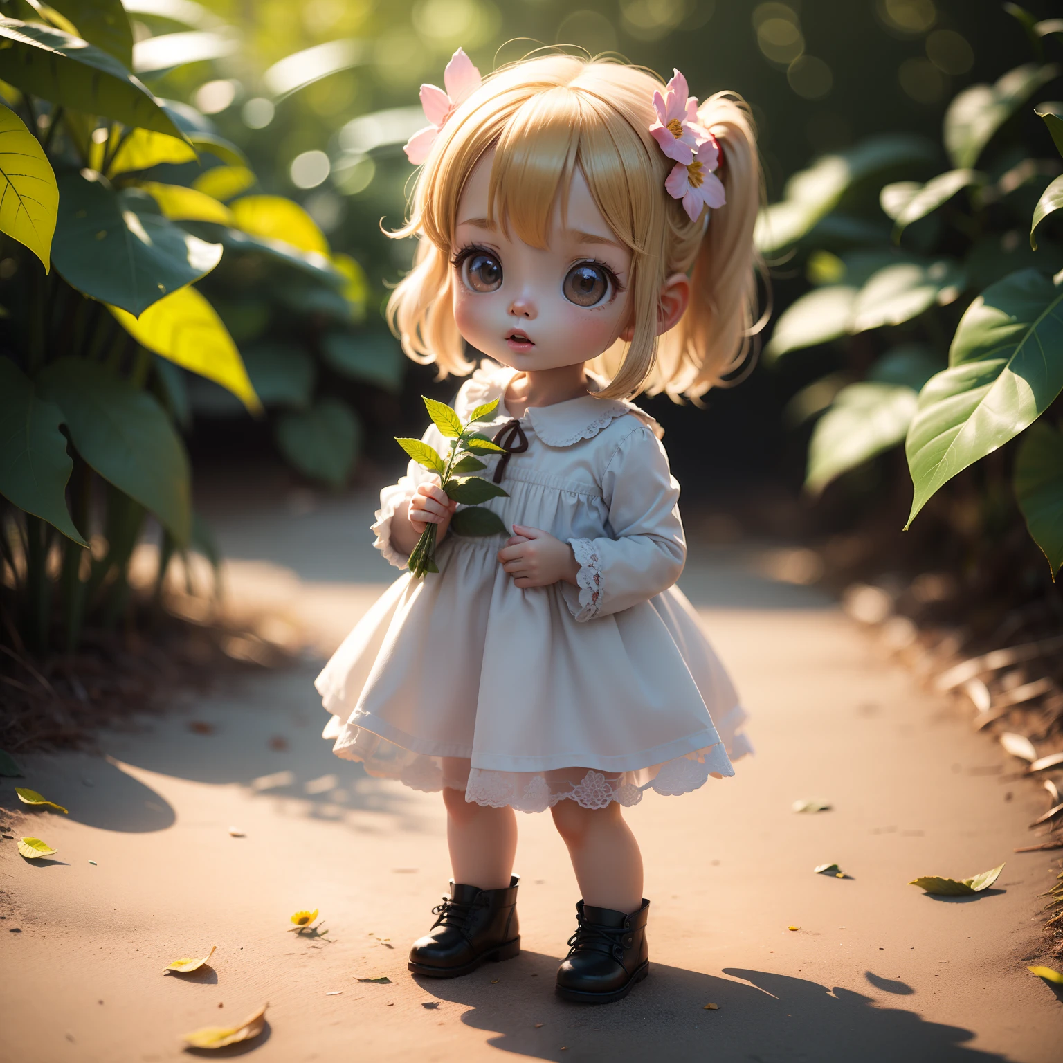 Cute Baby Chibi Anime、(((Chibi 3D))) (Best Quality), (masutepiece)In the midst of the Save Nature rally、Candid shot of cute blonde activist in dress made of leaves、portrait of a full body、natural soft light、wide angles、hard lights、fluttering leaf、Detailed, Textured skin、The determined look on her face、flower in her hair、photos realistic、Standing