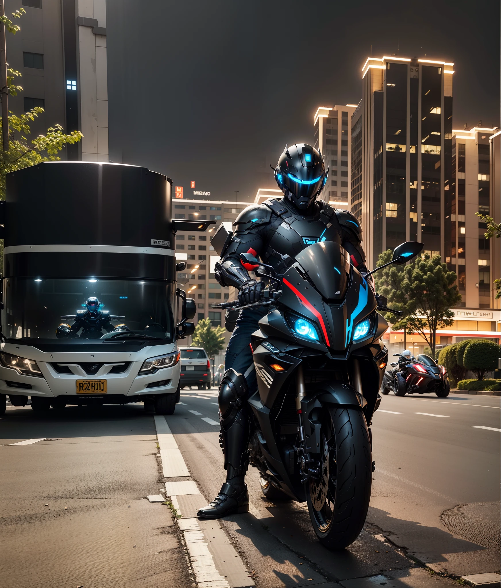 Handsome cyber handsome warrior with black armor,Black Cyber mechanical motorcycle,High-tech black full enveloping helmet,with short white hair,Nousr, Biomechanicals, MSHN Robot Man,High-tech helmet,hyper realisitc, Steel, Complex design, insanely details, finely detailled, Extremely clear lines, cinmatic lighting, photograph realistic, A detailed masterpiece
