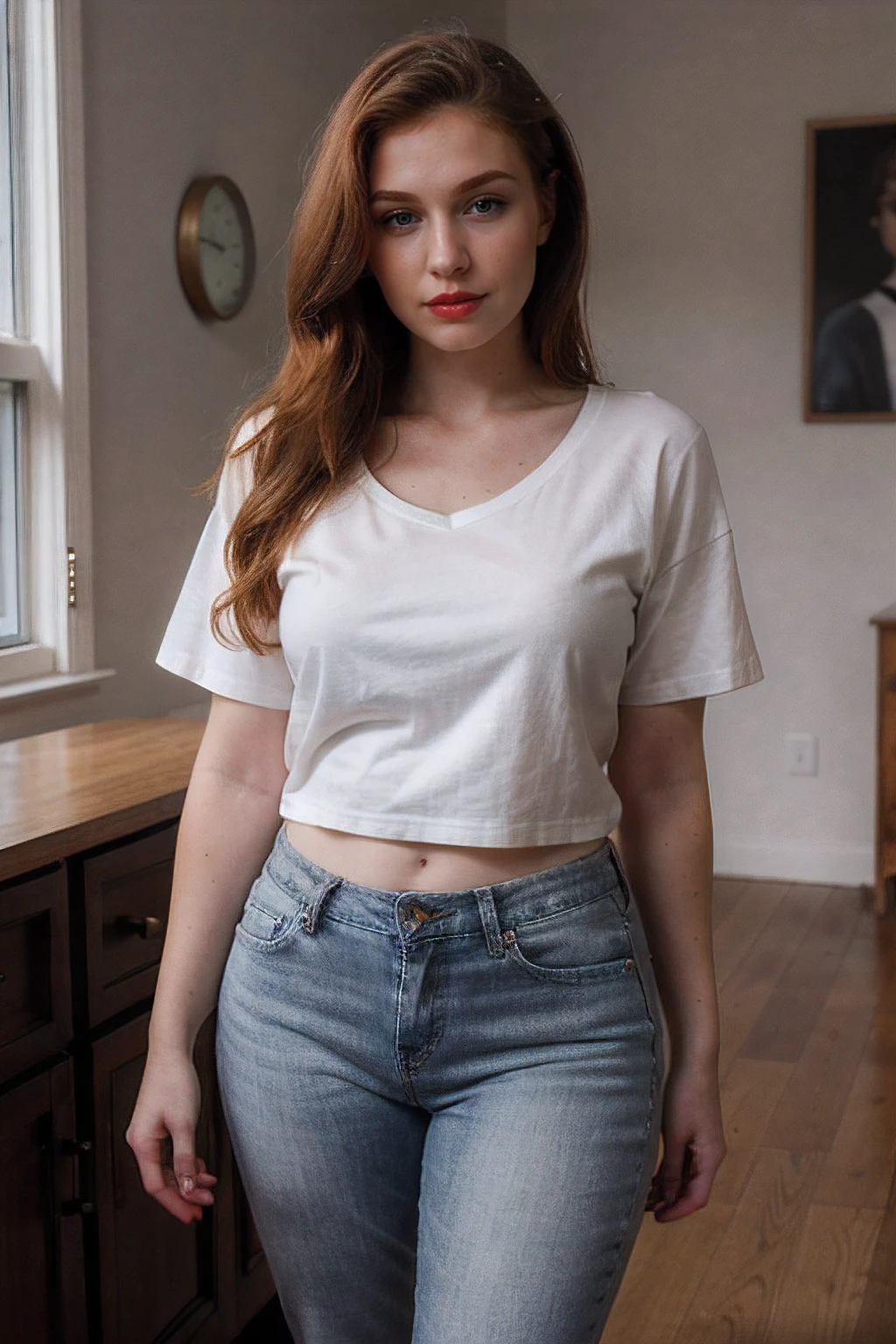 photo of beautiful 24 y.o Kinsley Giles, medium length ginger hair, beautiful eyes, detailed eyes, pale skin, looking confident, casual, indoor, with an air of superiority, (random freckles:0.2), grey t-shirt, jeans, curvy