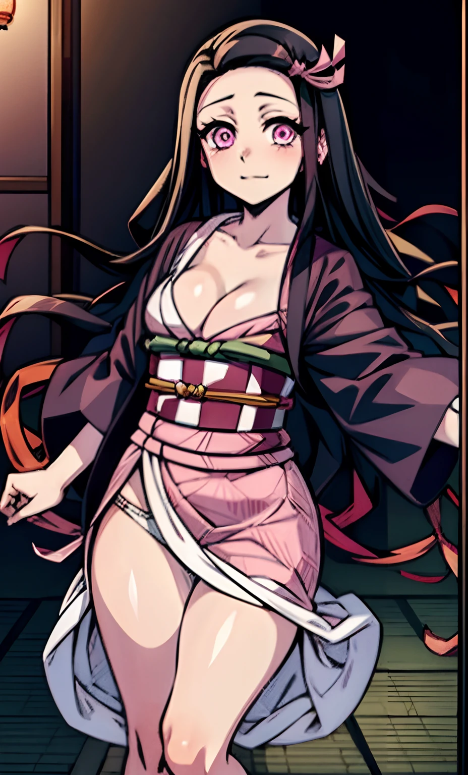 rialistic photo、Real Images、Top image quality、​masterpiece, (Pink kimono), seductived faced, Kamado nezuko with horns、Demon Kamado Nezuko、Adult charm of Kamado Nezuko、The hem is disheveled, revealing white panties.、A sexy、crotch open、blanche、good lighting, beautiful thigh、adult appeal、Adults、Big、cleavage, finely detail, ​masterpiece,I can see my panties、 radiant eyes, 1girl in, A dark-haired, SUCK, Kamado Nezuko, wisteria background, ​masterpiece, top-quality, POV,,
