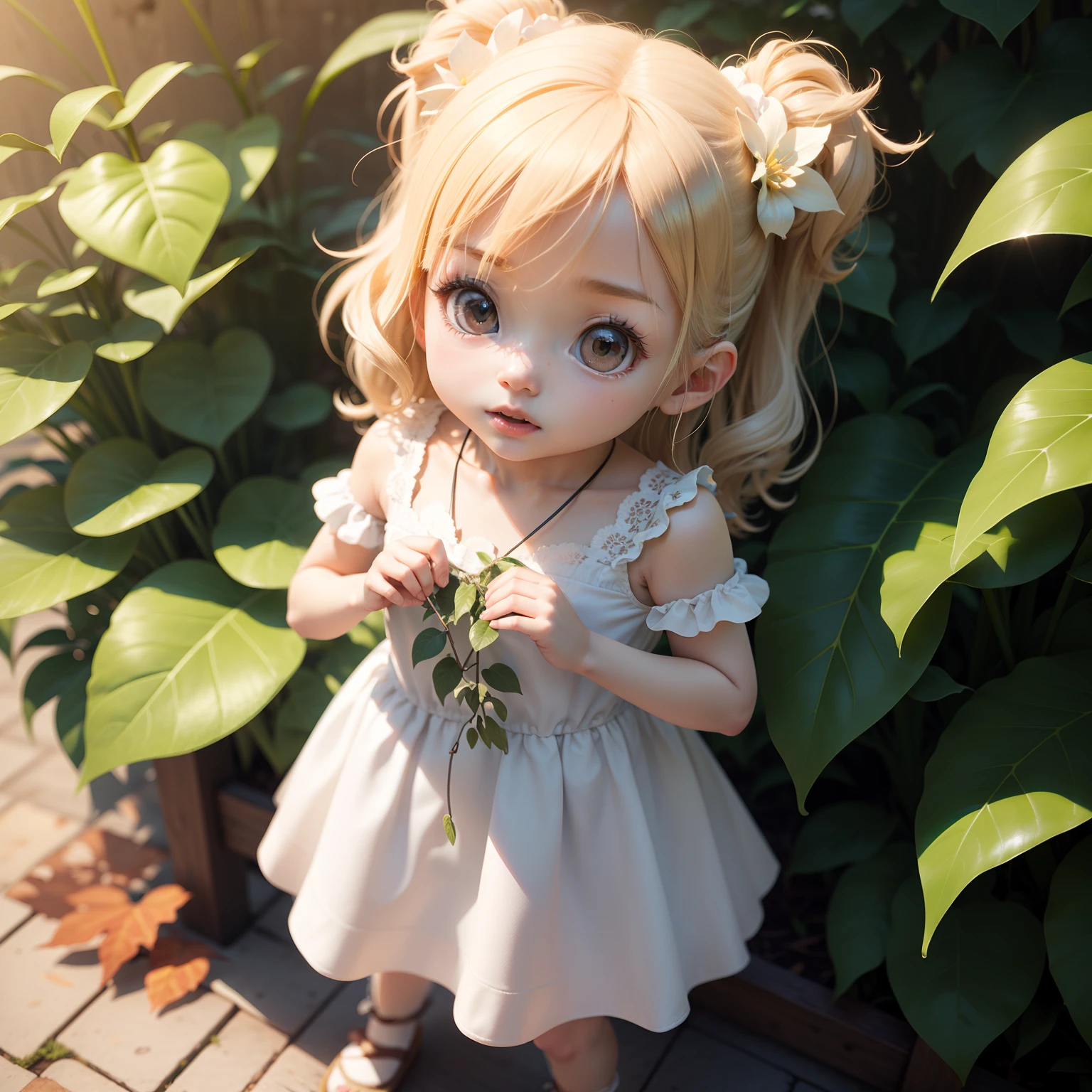 Cute Baby Chibi Anime、(((Chibi 3D))) (Best Quality), (masutepiece)In the midst of the Save Nature rally、Candid shot of cute blonde activist in dress made of leaves、portrait of a full body、natural soft light、wide angles、hard lights、fluttering leaf、Detailed, Textured skin、The determined look on her face、flower in her hair、photos realistic、Standing