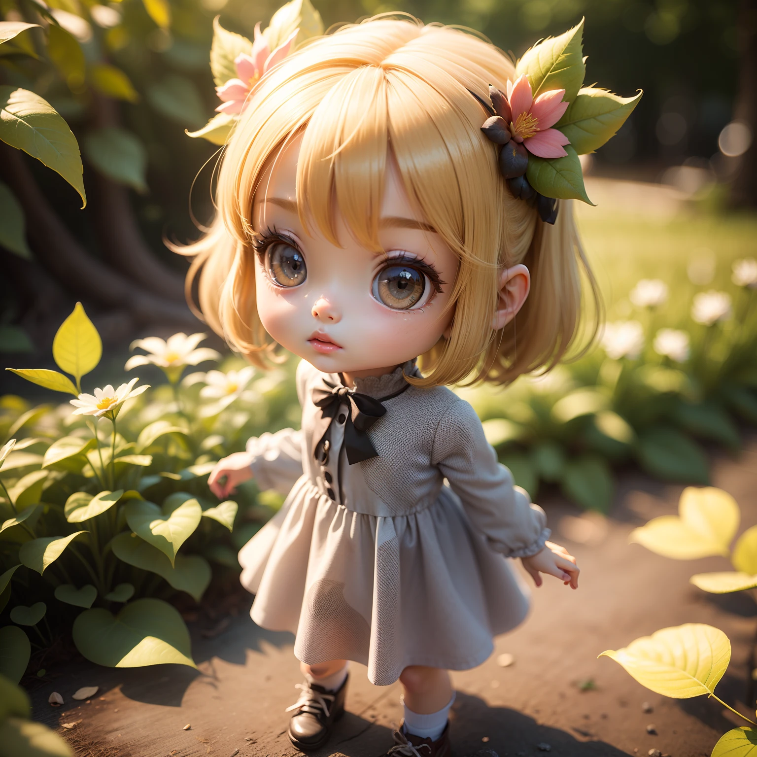 Cute  Chibi Anime、(((Chibi 3D))) (Best Quality), (masutepiece)In the midst of the Save Nature rally、Candid shot of cute blonde activist in dress made of leaves、portrait of a full body、natural soft light、wide angles、hard lights、fluttering leaf、Detailed, Textured skin、The determined look on her face、flower in her hair、photos realistic、Standing