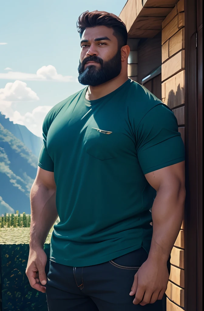 minecraft man real life, real life steve, tanned skin color, strong man, brown hair, short hair, cyan colored shirt, big shirt, dark blue colored pants, brow colored beard, mining