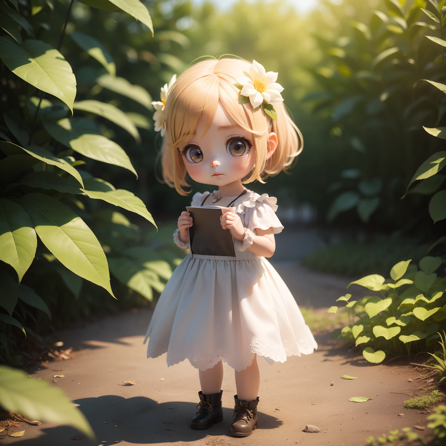 Cute Baby Chibi Anime、(((Chibi 3D))) (Best Quality), (masutepiece)In the midst of the Save Nature rally、Candid shot of cute blonde activist in dress made of leaves、portrait of a full body、natural soft light、wide angles、hard lights、fluttering leaf、Detailed, Textured skin、The determined look on her face、flower in her hair、photos realistic、Standing