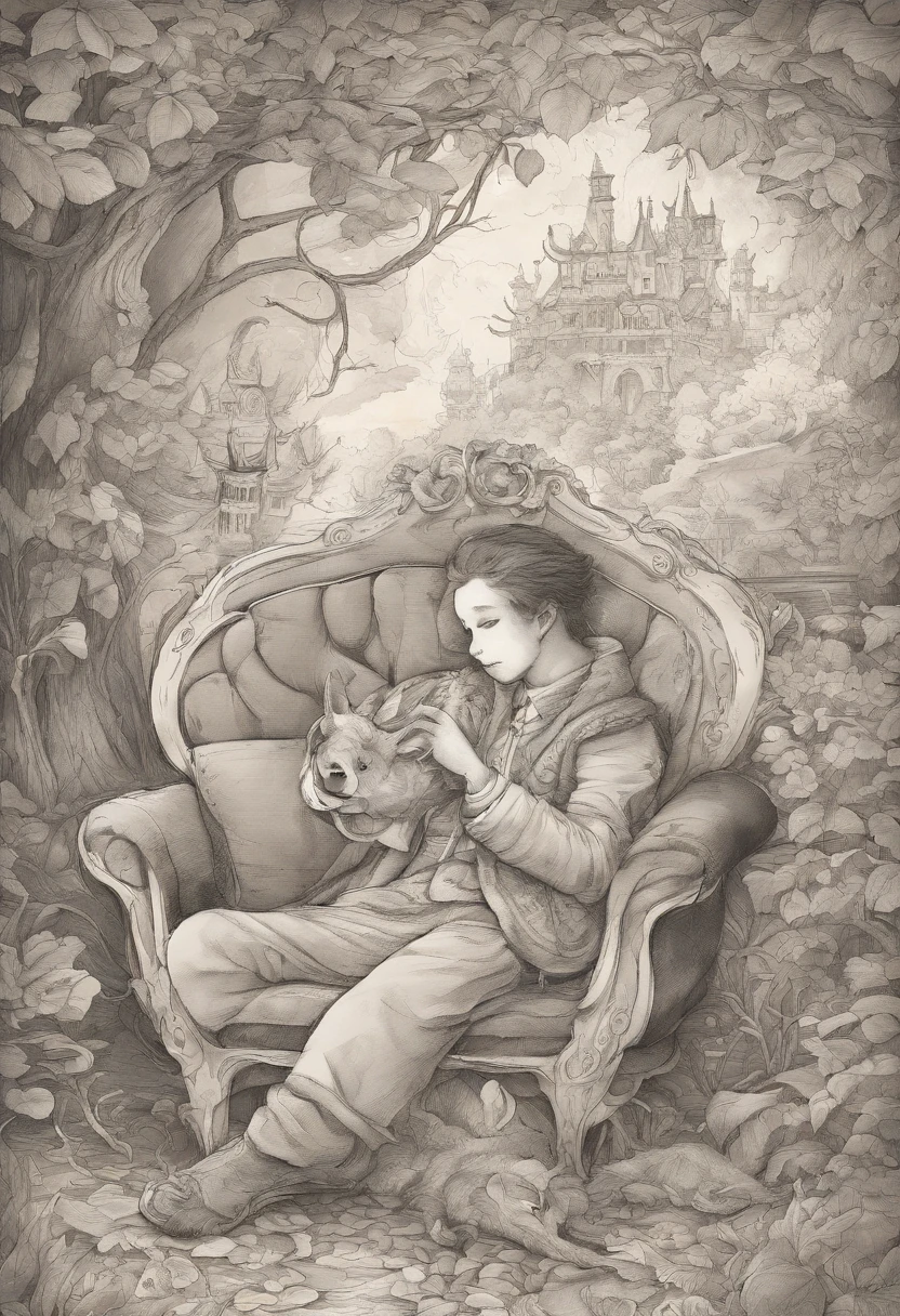 Picture book style、5An old boy is curled up on the sofa with a stomachache