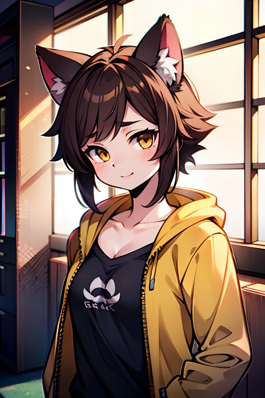 Chica gato anime con pelo negro y orejas de gato y chaqueta de cuero, Hembra peluda mini estilo lindo, Hermosa catgirl de anime, Anime Catgirl, Artgerm extremadamente detallado, linda catgirl de anime, Gato de anime realista, Retrato de personaje peludo, Atractiva chica gato, commission for high resolution, realistic anime artstyle, Estilo anime 4K, Arte furry.