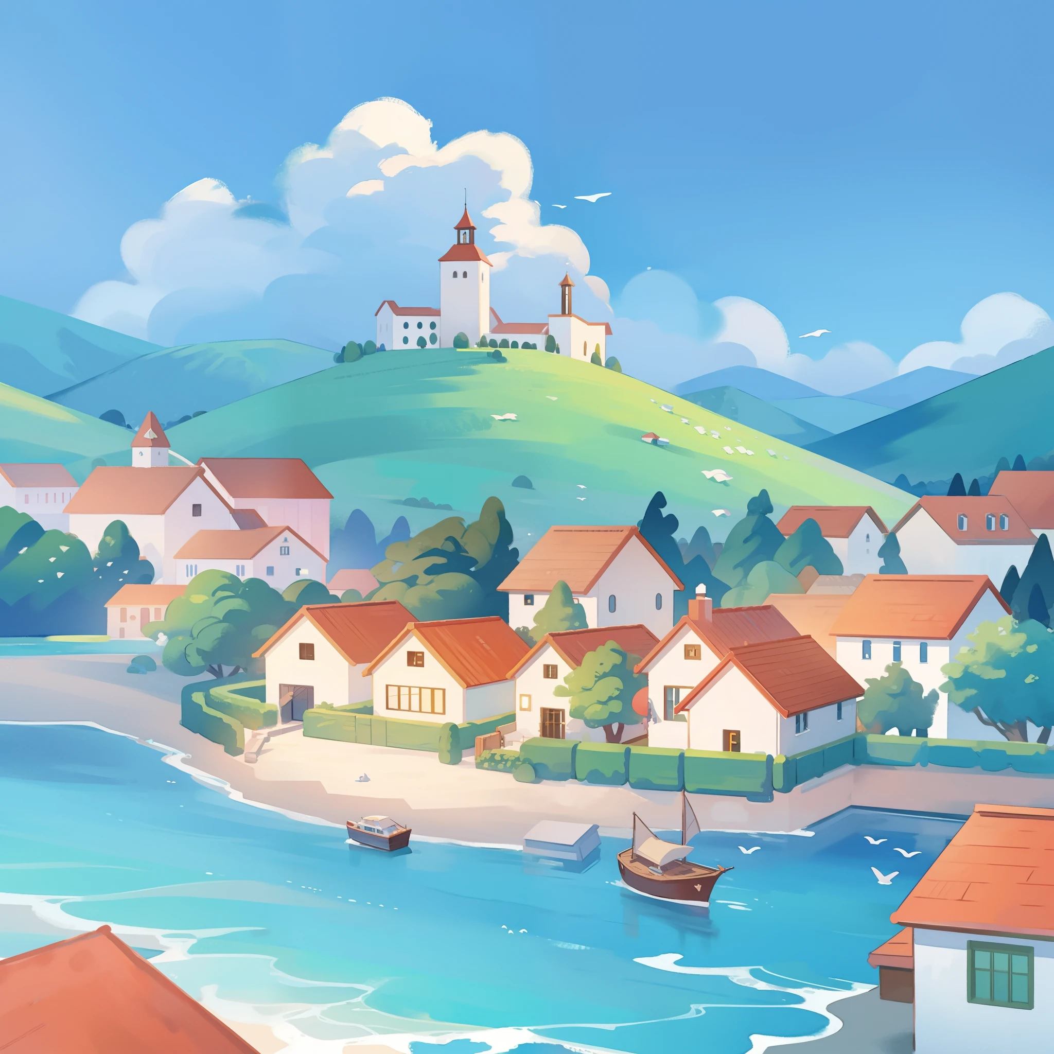 ocean fantasy, watercolor illustration, whimsical, warm colors, seaside village, houses, ((masterpiece)), highly detailed environment