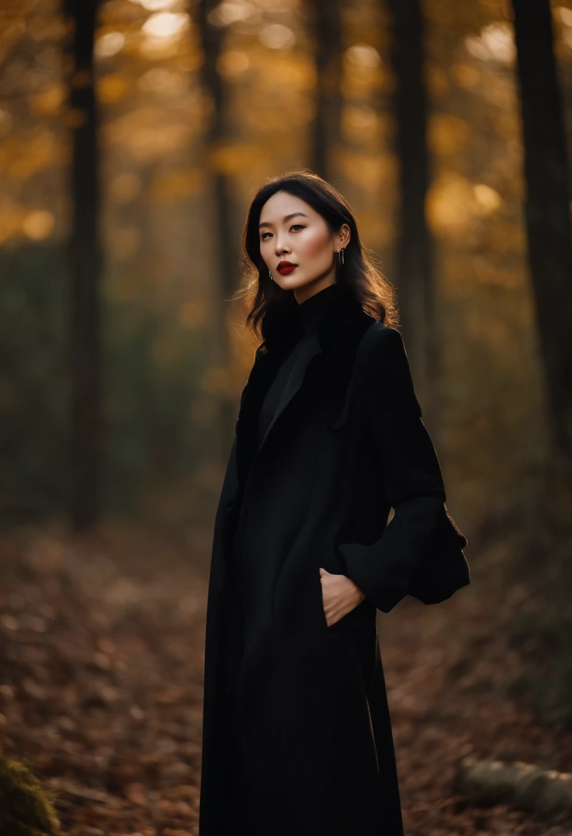 a young woman wearing black black blouse and coat in the woods, in the style of chinese new year festivities, jagged edges, crisp and clean look, sun-soaked colours, pop inspo, strong facial expression, dark white and light red
