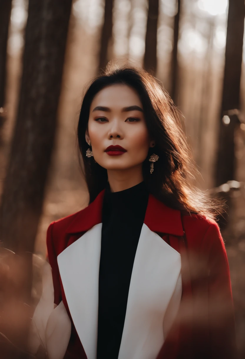 a young woman wearing black black blouse and coat in the woods, in the style of chinese new year festivities, jagged edges, crisp and clean look, sun-soaked colours, pop inspo, strong facial expression, dark white and light red