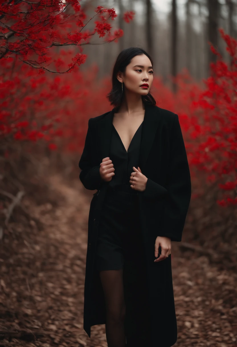 a young woman wearing black black blouse and coat in the woods, in the style of chinese new year festivities, jagged edges, crisp and clean look, sun-soaked colours, pop inspo, strong facial expression, dark white and light red