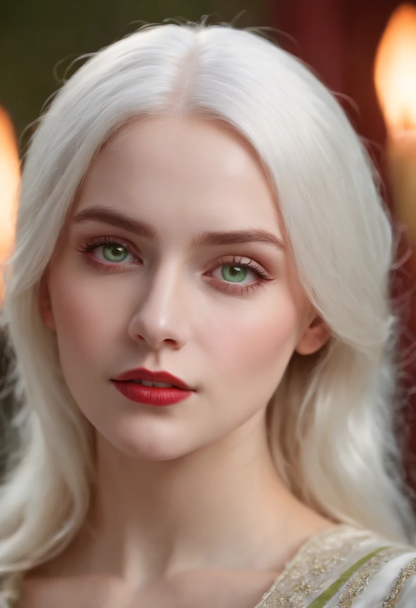 (((a deep reddish wound crosses her left cheek))) fair complexion, woman around 19 years old, natural white hair, distinctive green eyes, wearing kohl, slender and graceful, beautiful, candlelight in a medieval setting, ultra sharp focus, realistic shot, medieval female clothes, tetradic colors (scar:1.4)