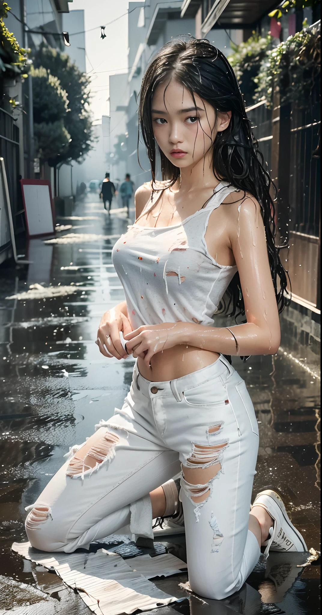 best image quality, masterpiece, super high resolution, (fidelity:1.4), photo, 1 girl, white shirt, torn jeans, white sneakers, dim, darkness, despair, pity, poor, movie, tears, teardrops, (torn clothes:1.5), (wet clothes:1.4), bare shoulders, real rain, wet hair,..微笑