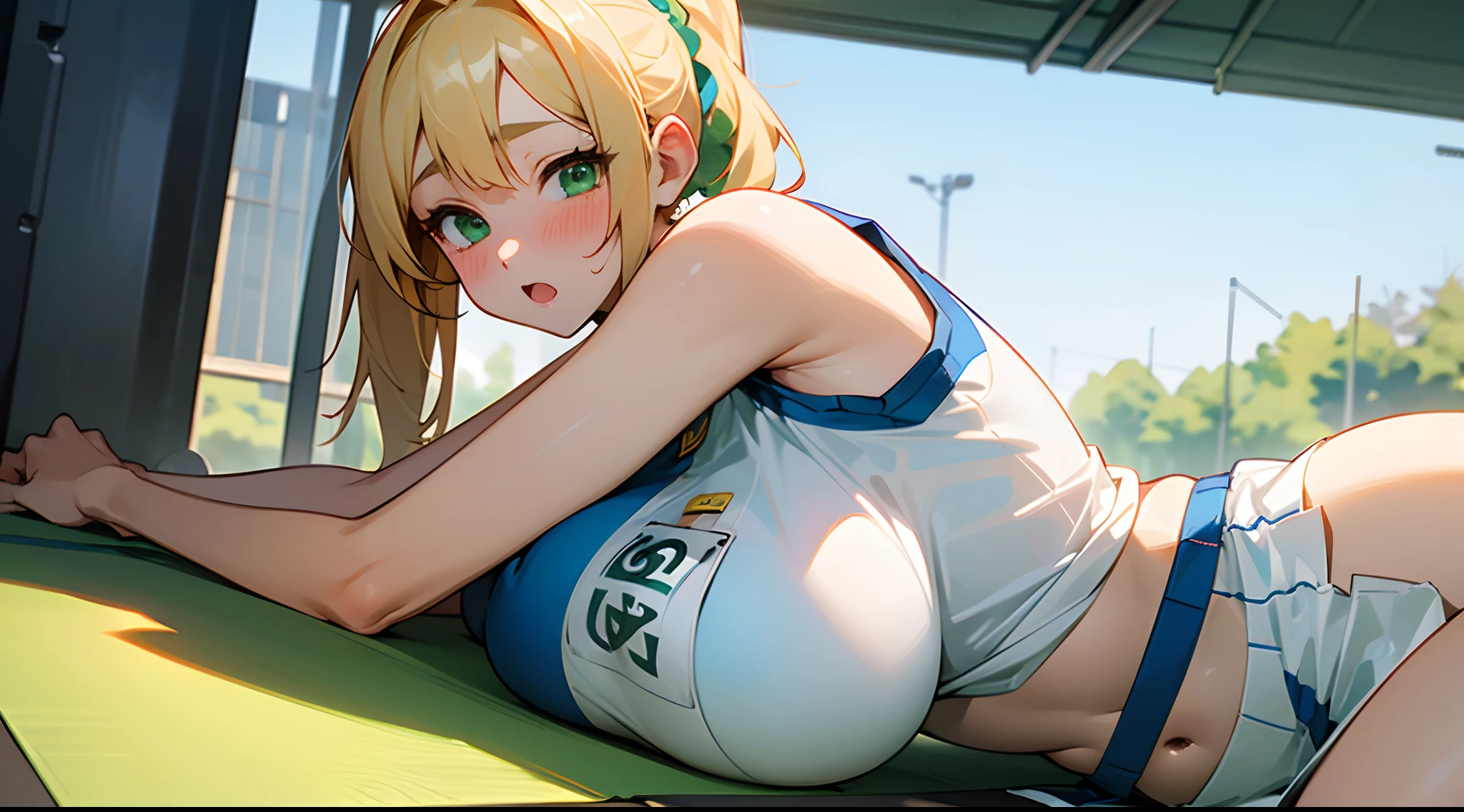 1 girl, game CG, see-through sleeveless blue gym uniform belly, button visible, short white skirt, scrunchie, gigantic breasts, blonde, middle hair, side ponytail, green eyes, outdoor, surprised, lying down, blushing,