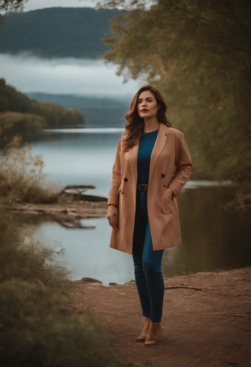 woman standing by a lake in tan jacket, in the style of realistic, emotive portraits, gongbi, light red and blue, uhd image, y2k aesthetic, retro glamor, stockphoto